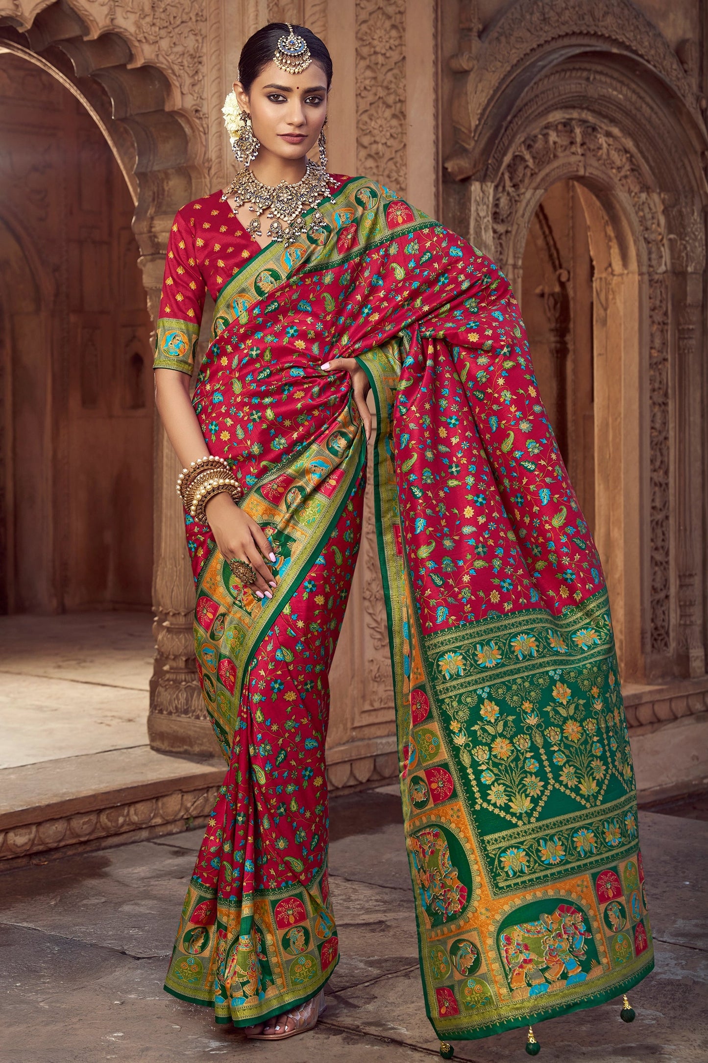 Red Pashmina Printed Viscose Silk Saree-SAR10406_1_SareeButa.com