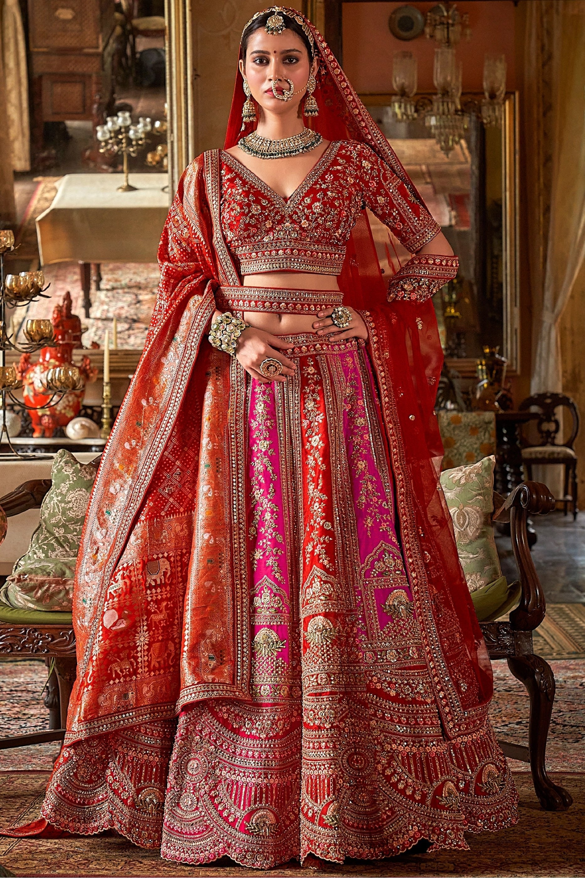 Red & Pink Semi-Stitched Embroidered Silk Lehenga-SAR10320_1_SareeButa.com