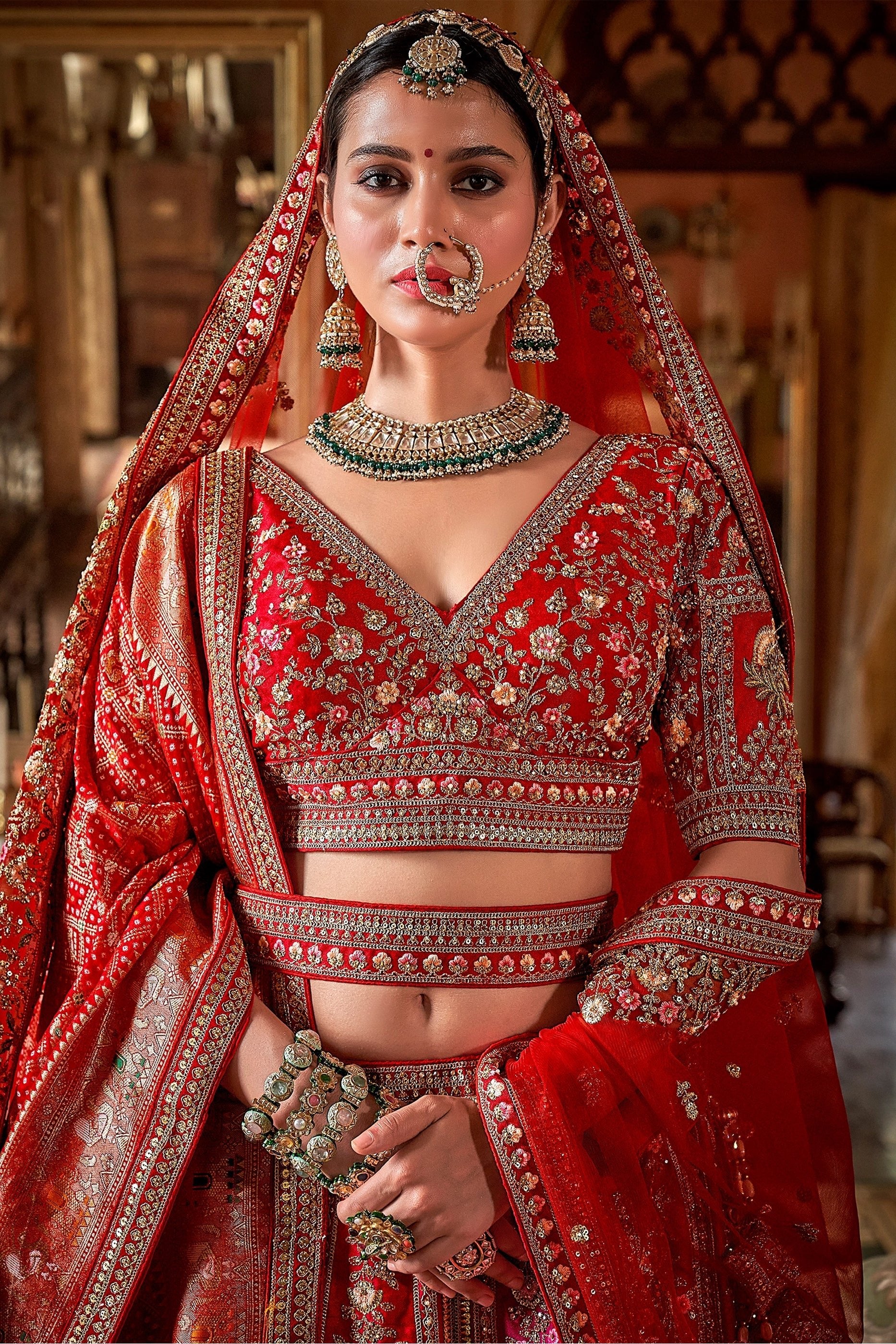Red & Pink Semi-Stitched Embroidered Silk Lehenga-SAR10320_2_SareeButa.com
