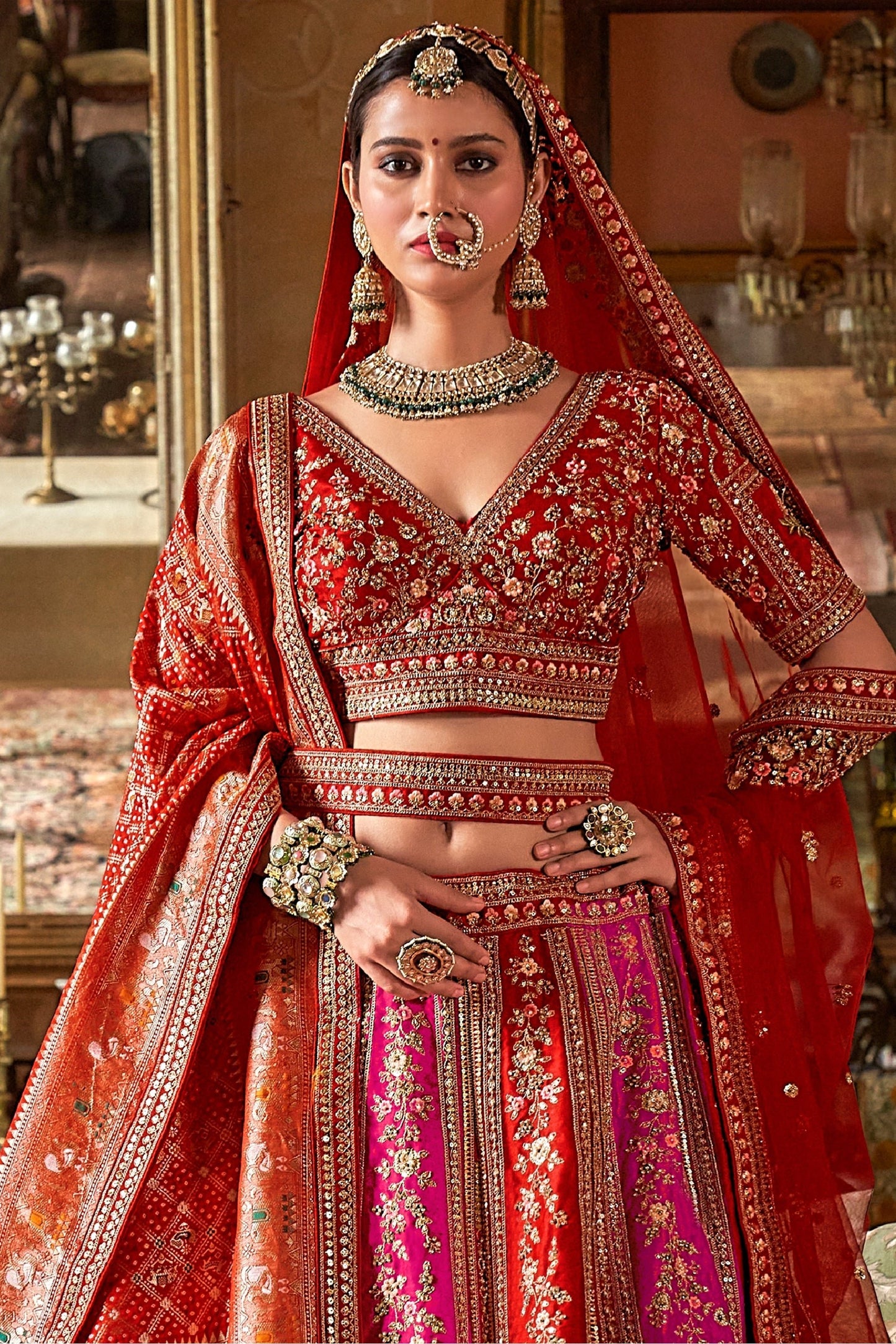 Red & Pink Semi-Stitched Embroidered Silk Lehenga-SAR10320_3_SareeButa.com