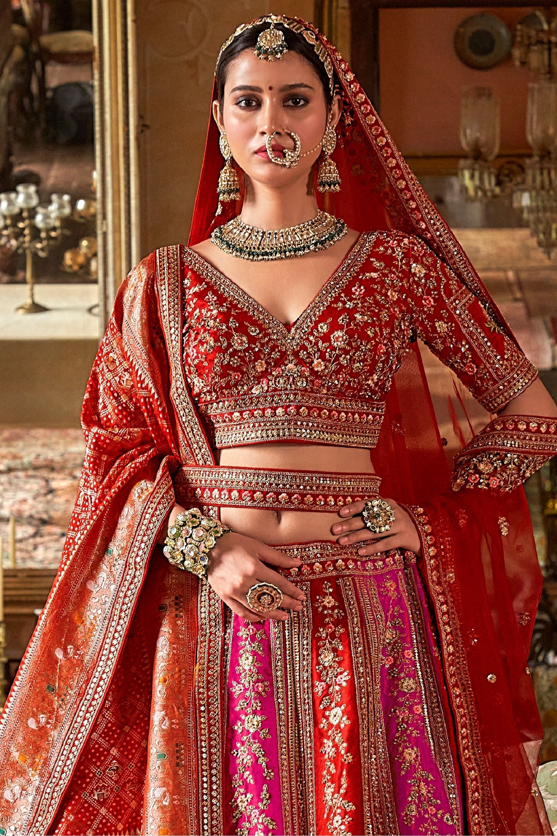 Red & Pink Semi-Stitched Embroidered Silk Lehenga-SAR10320_3_SareeButa.com