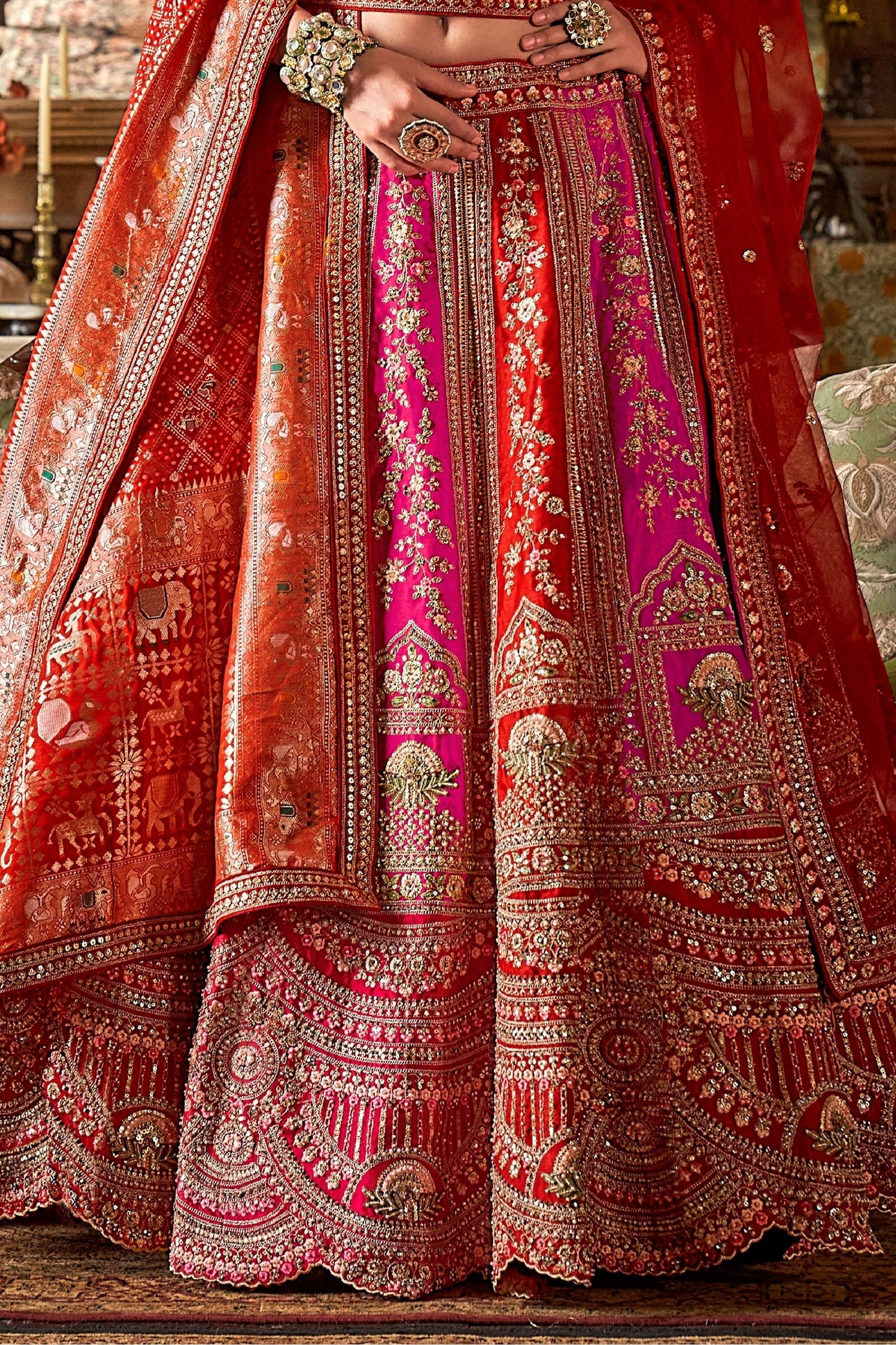 Red & Pink Semi-Stitched Embroidered Silk Lehenga-SAR10320_4_SareeButa.com