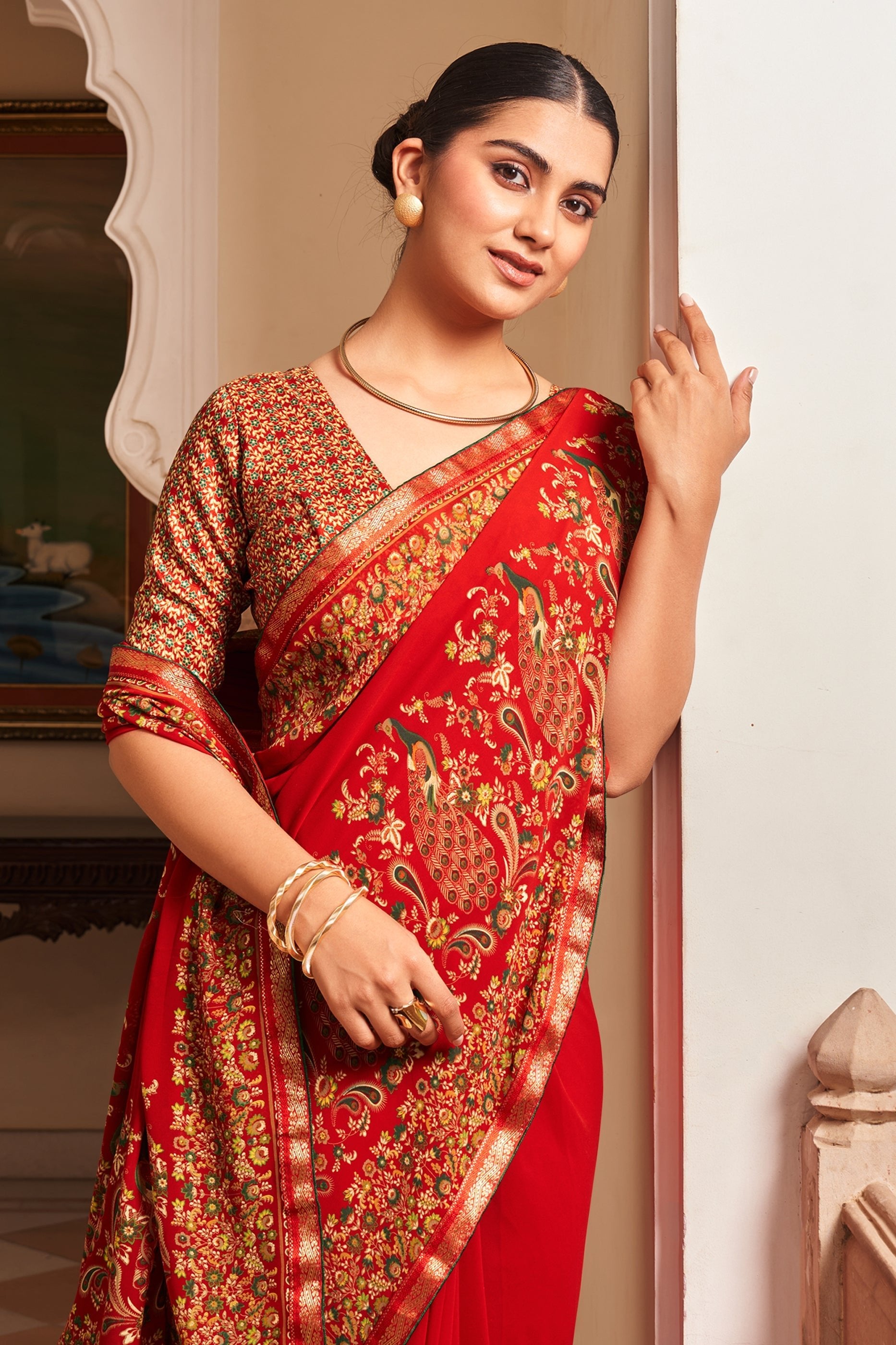 Red Printed Georgette Saree-SAR10138_2_SareeButa.com