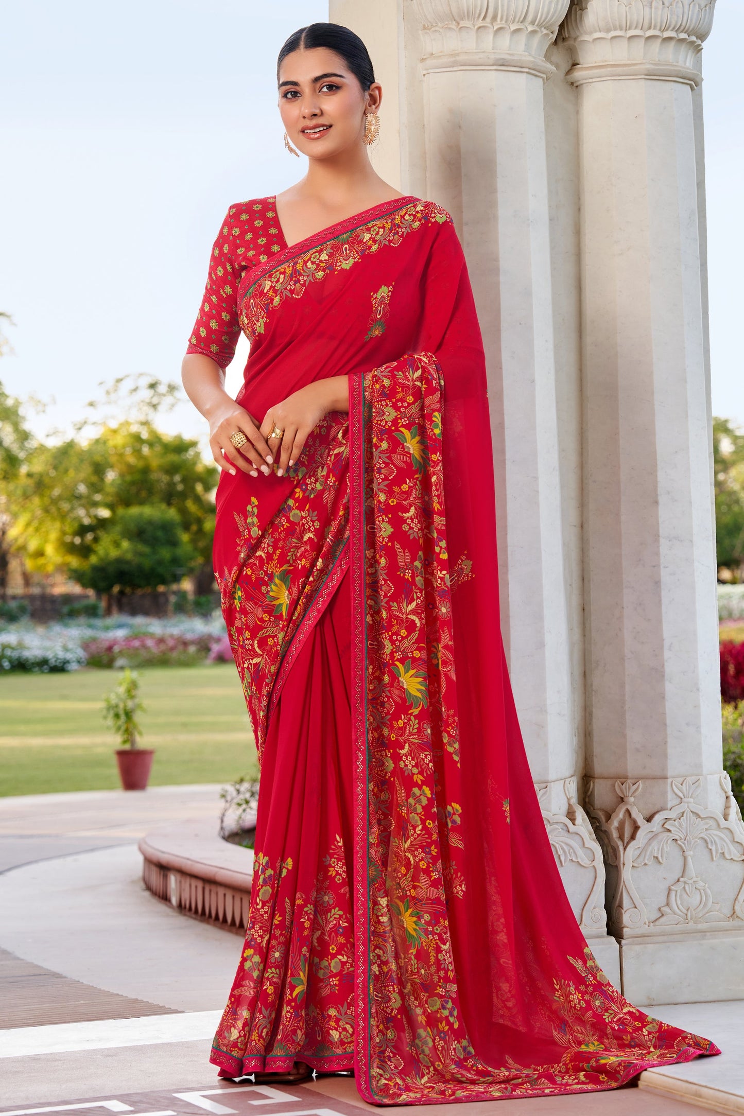 Red Printed Georgette Sraee-SAR10165_1_SareeButa.com