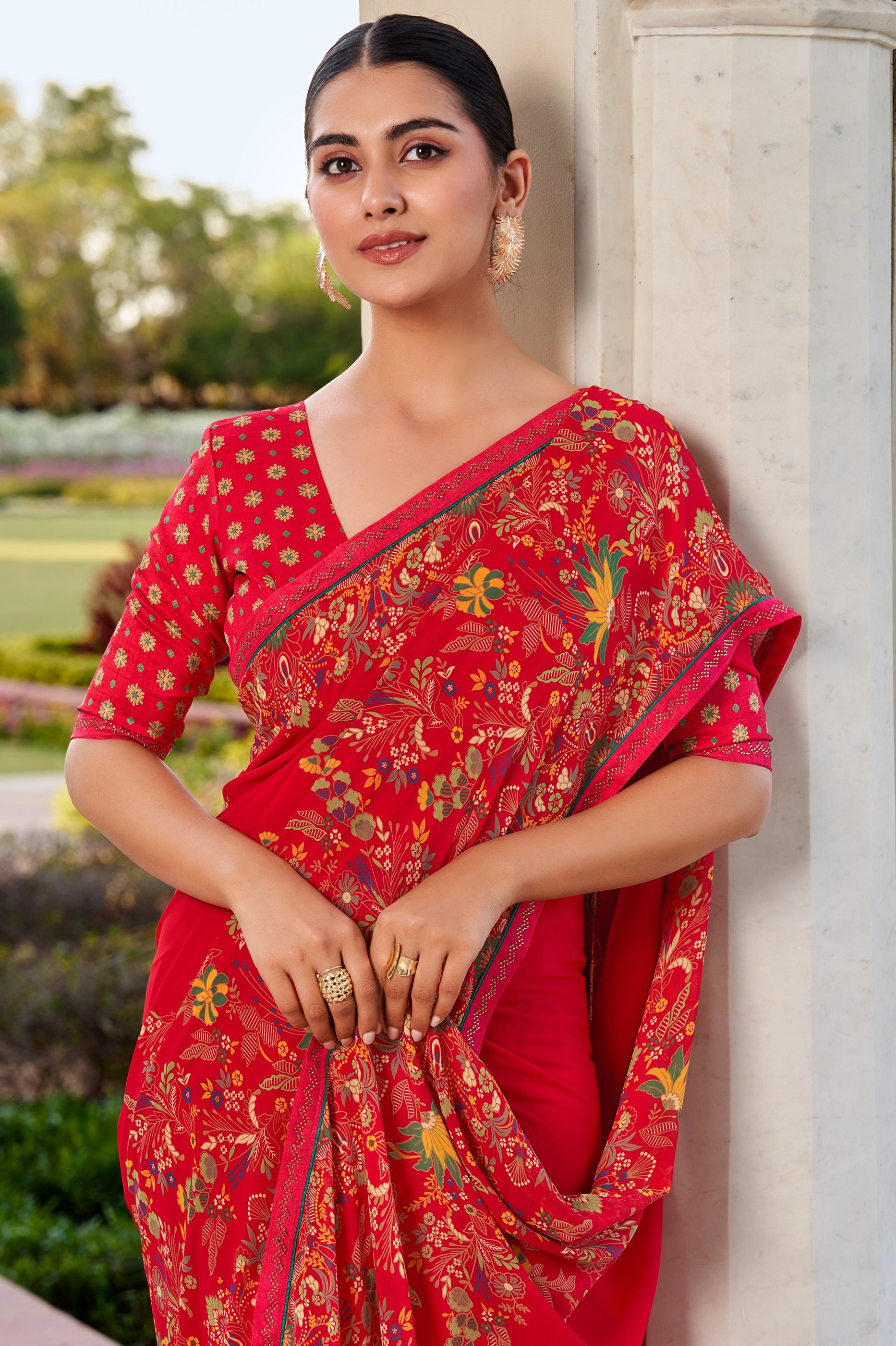 Red Printed Georgette Sraee-SAR10165_2_SareeButa.com