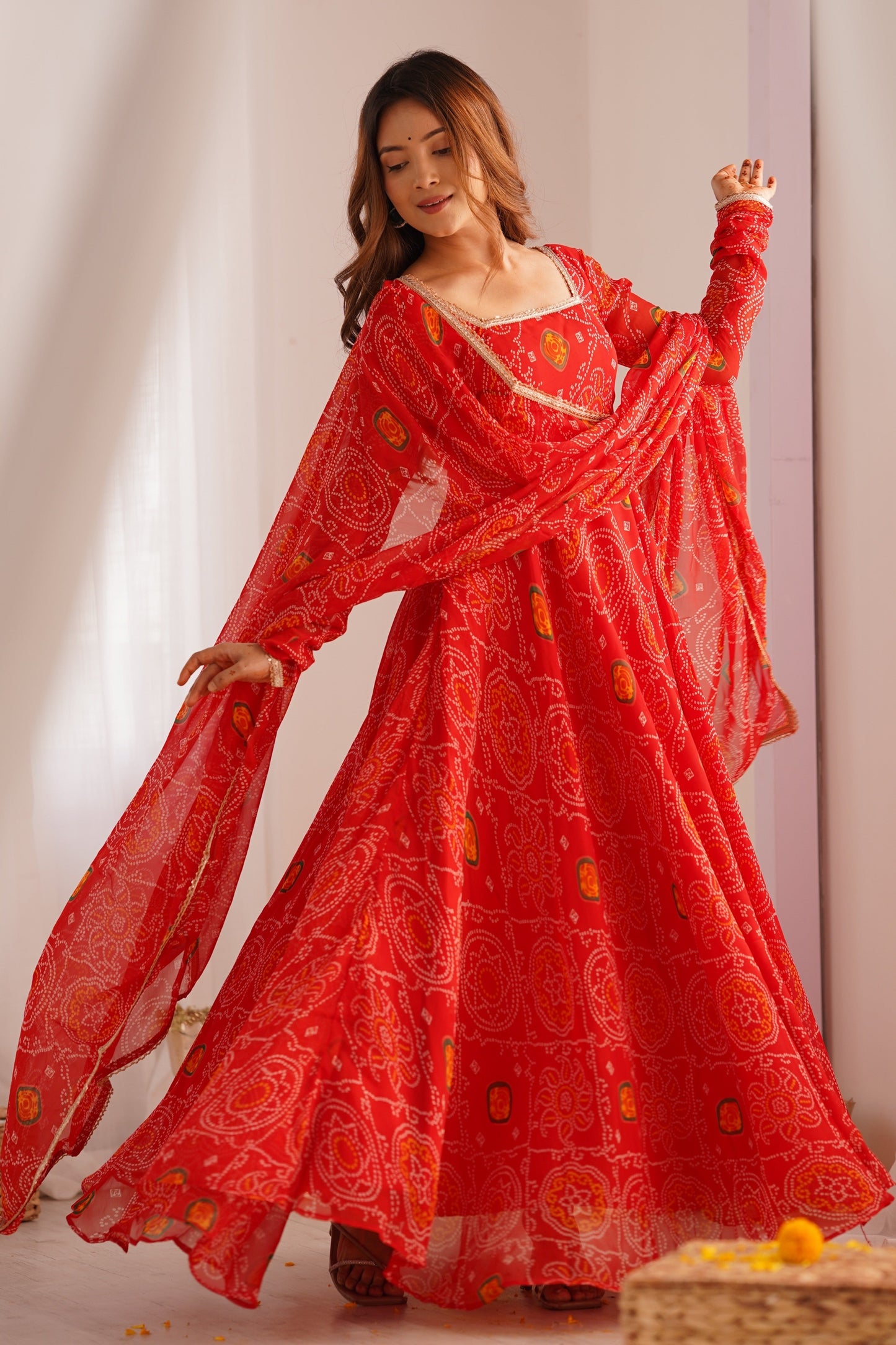 Red Readymade Bandhej Print Chiffon Anarkali Suit-SS483_1_SareeButa.com