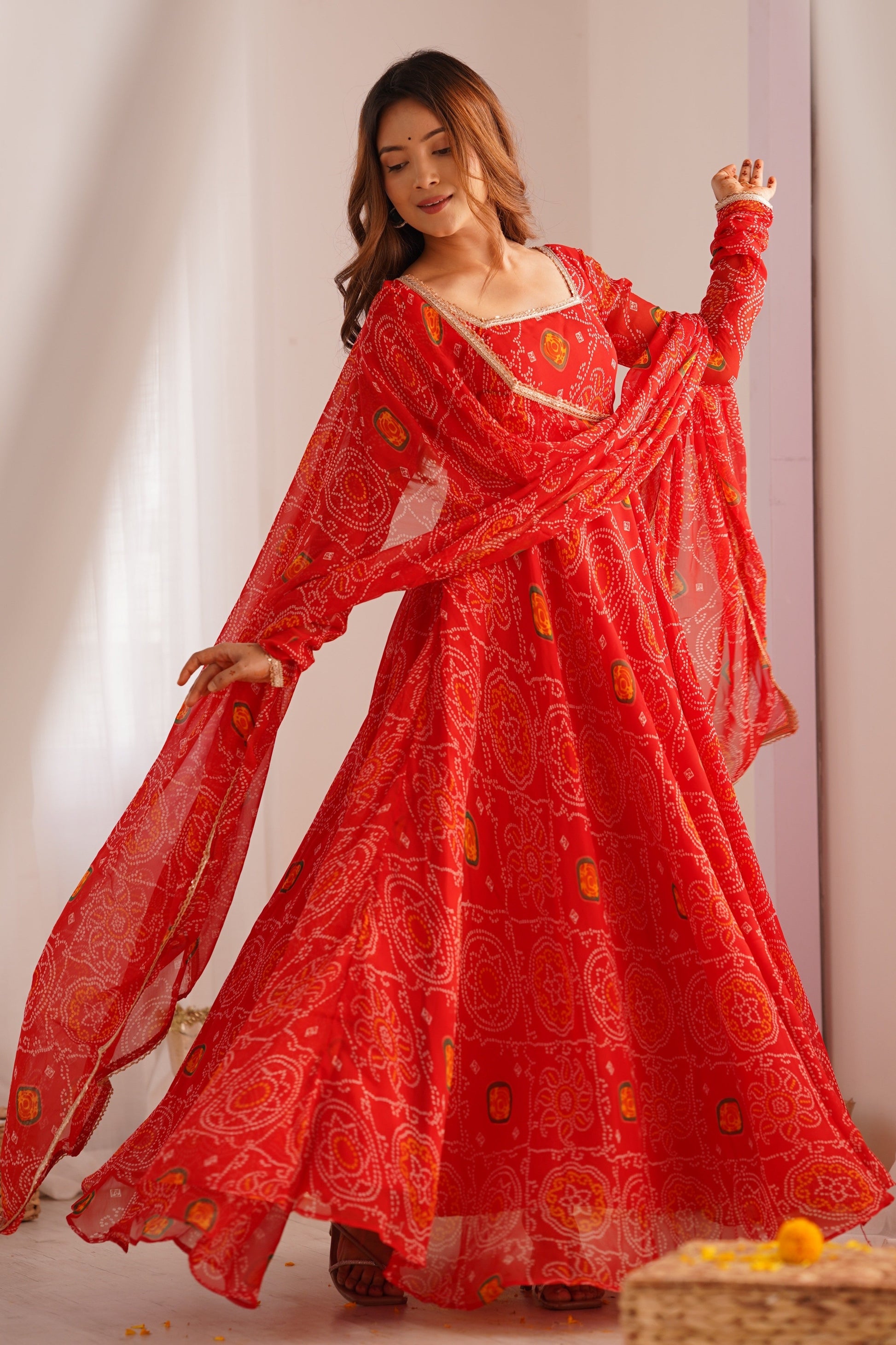 Red Readymade Bandhej Print Chiffon Anarkali Suit-SS483_1_SareeButa.com