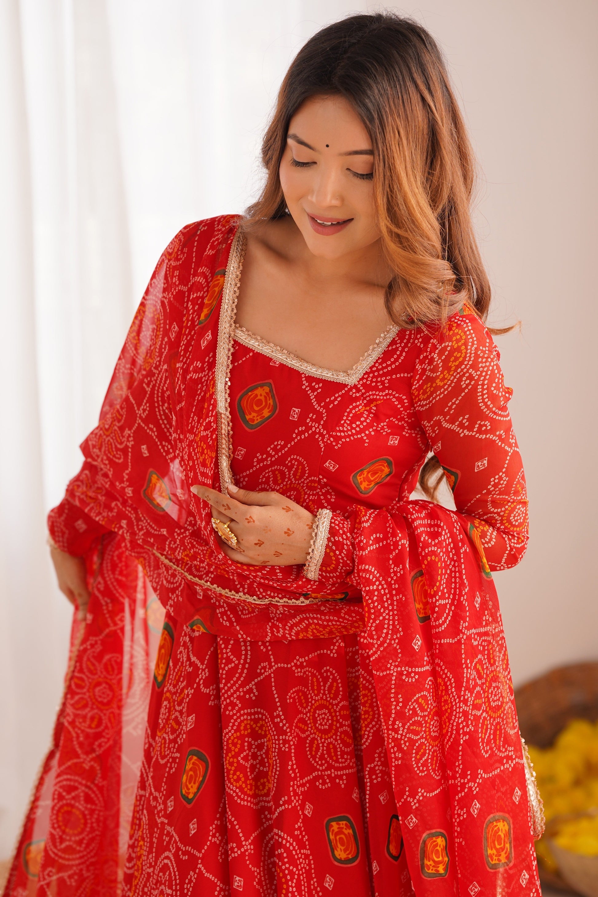 Red Readymade Bandhej Print Chiffon Anarkali Suit-SS483_2_SareeButa.com