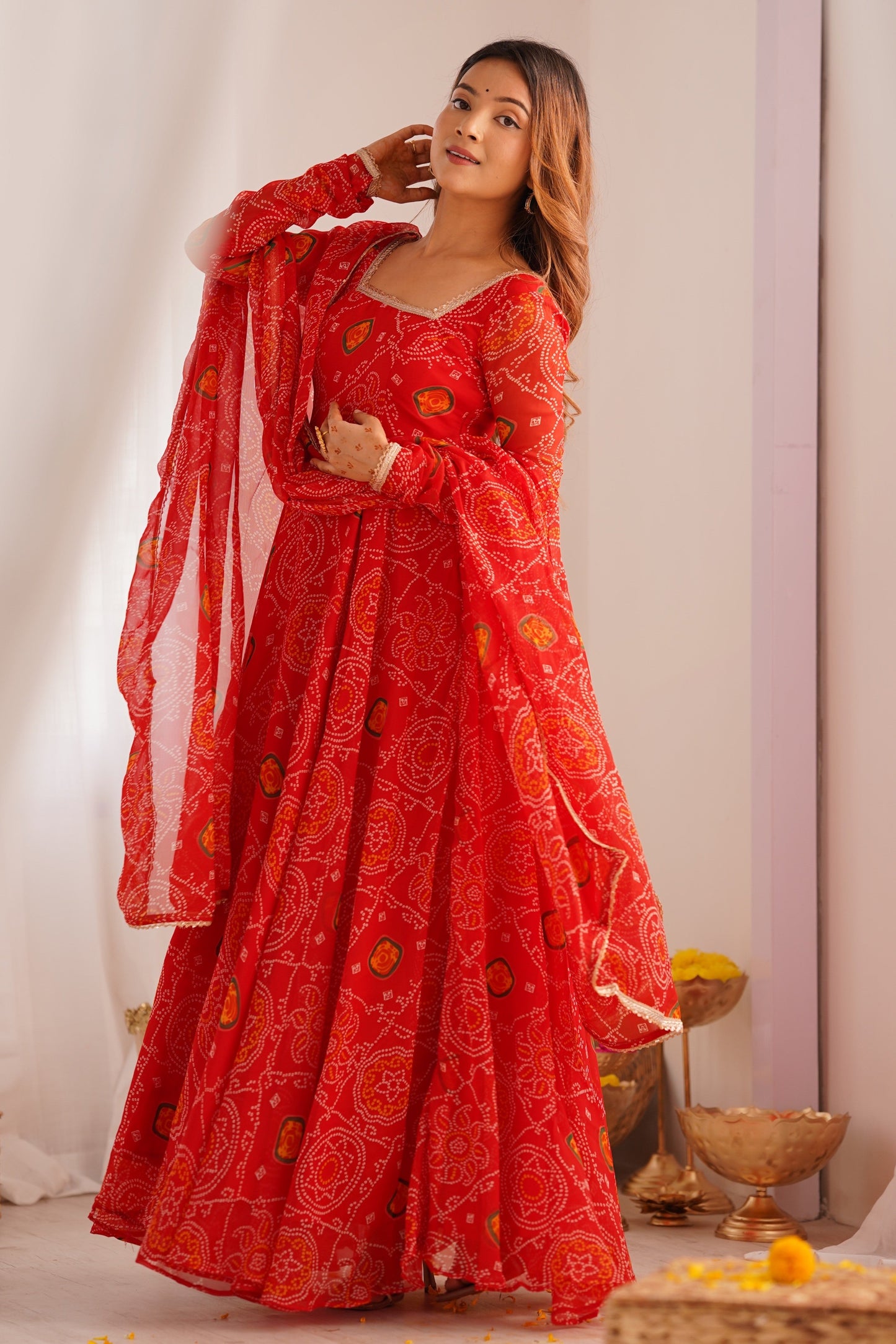Red Readymade Bandhej Print Chiffon Anarkali Suit-SS483_3_SareeButa.com