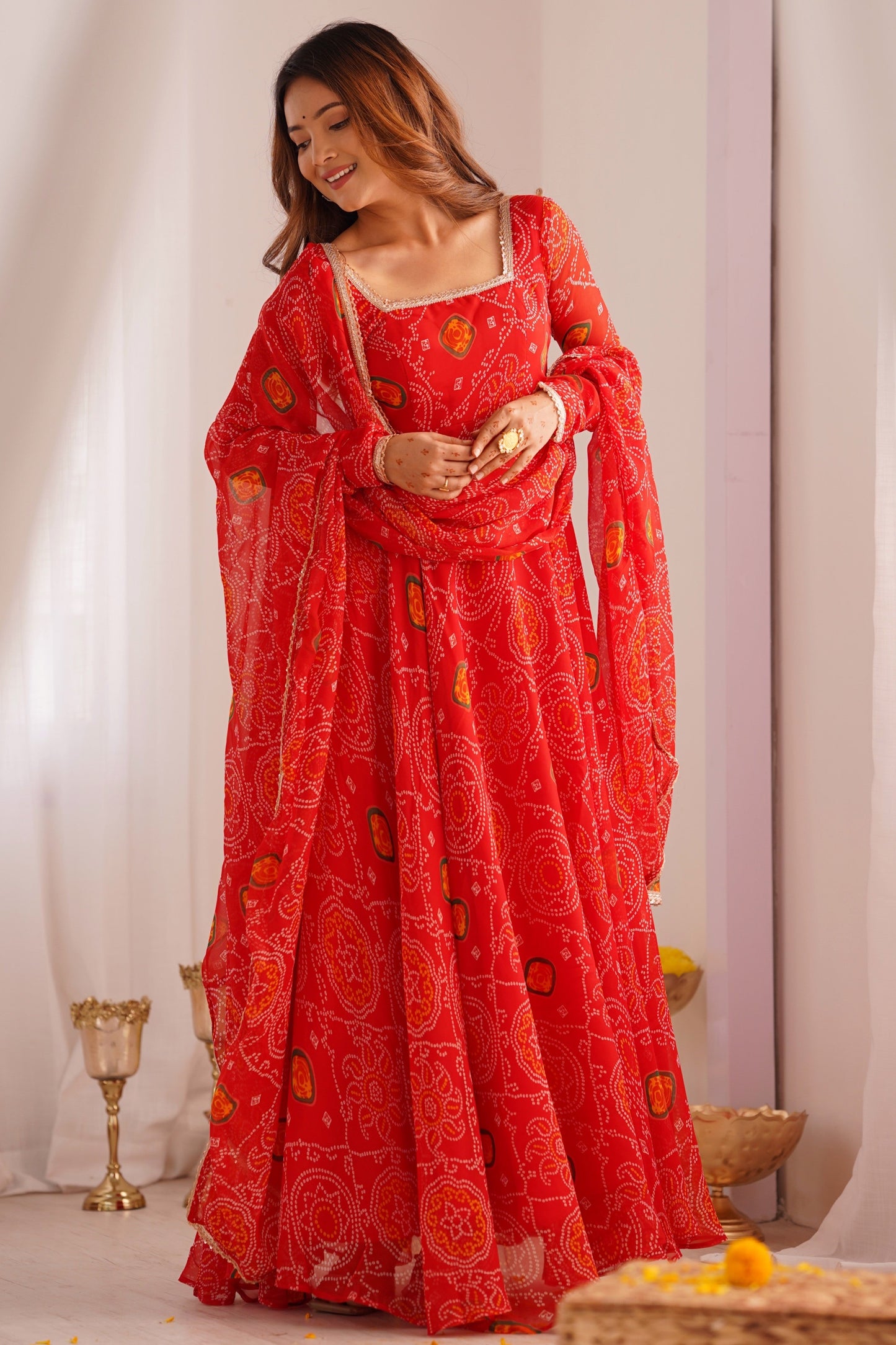 Red Readymade Bandhej Print Chiffon Anarkali Suit-SS483_5_SareeButa.com