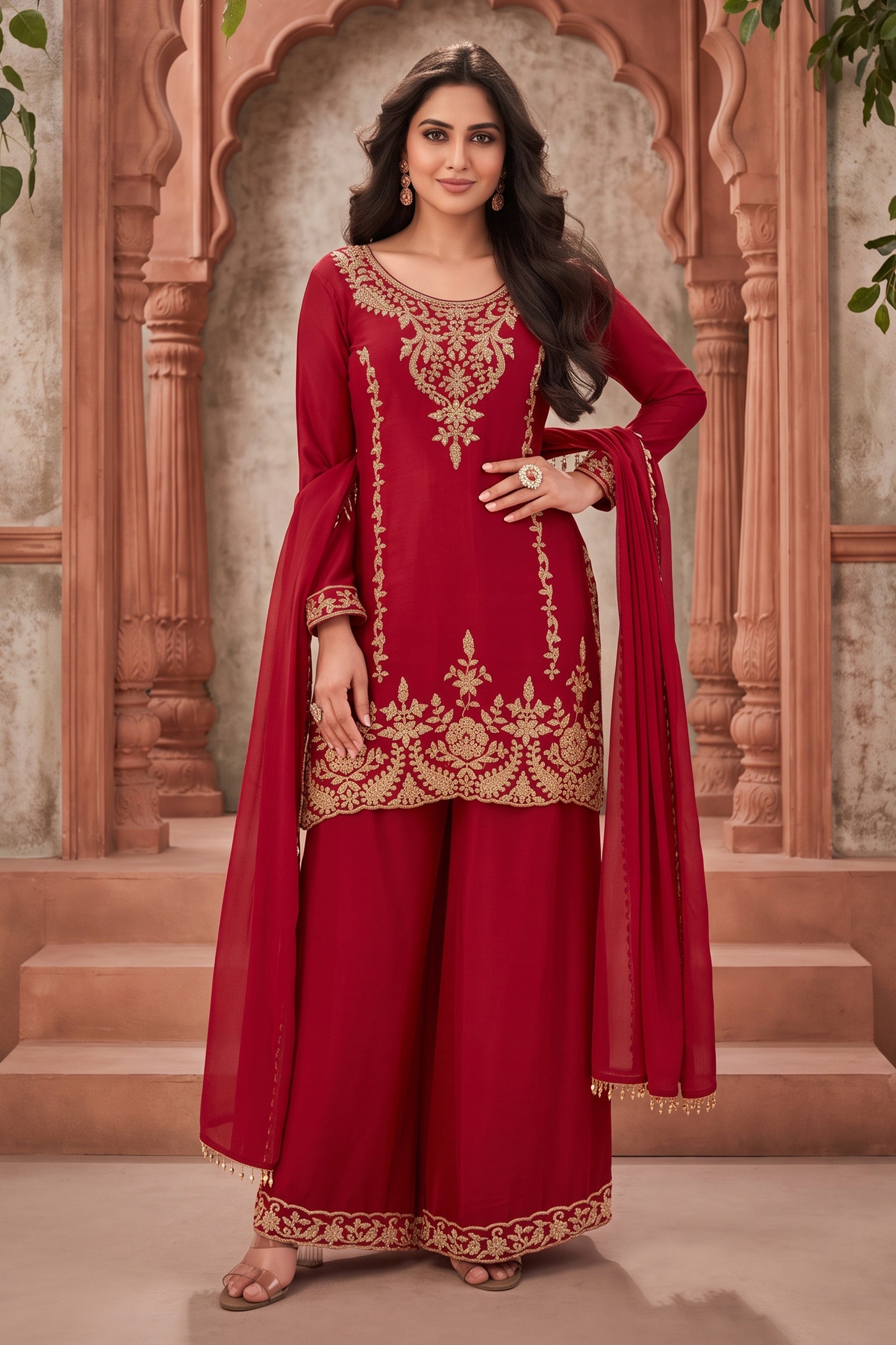 Red Readymade Bead Work Chinon Palazzo Suit-SAR13096_1_SareeButa.com