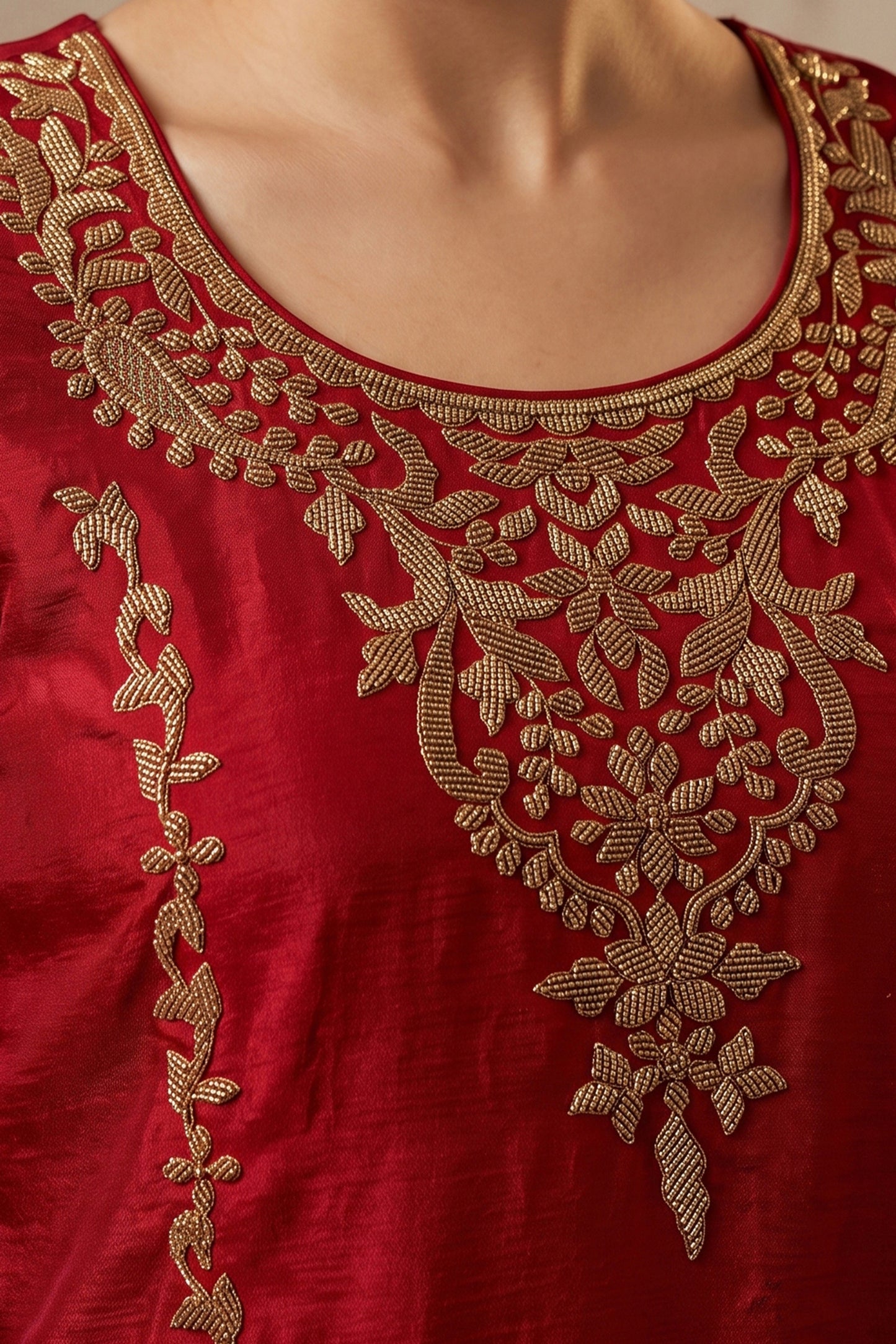 Red Readymade Bead Work Chinon Palazzo Suit-SAR13096_2_SareeButa.com