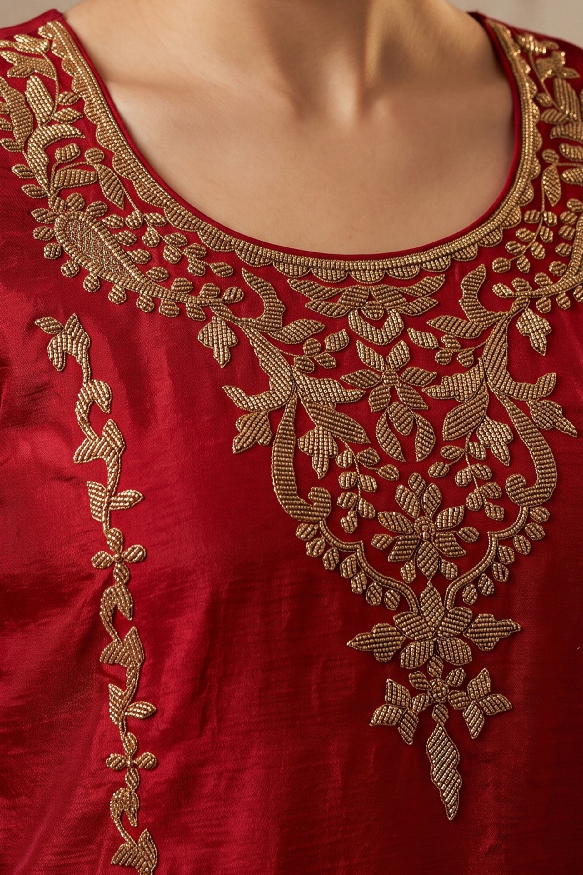 Red Readymade Bead Work Chinon Palazzo Suit-SAR13096_2_SareeButa.com