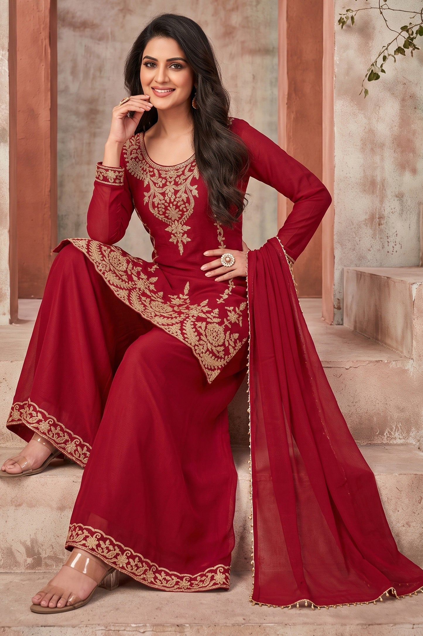 Red Readymade Bead Work Chinon Palazzo Suit-SAR13096_5_SareeButa.com