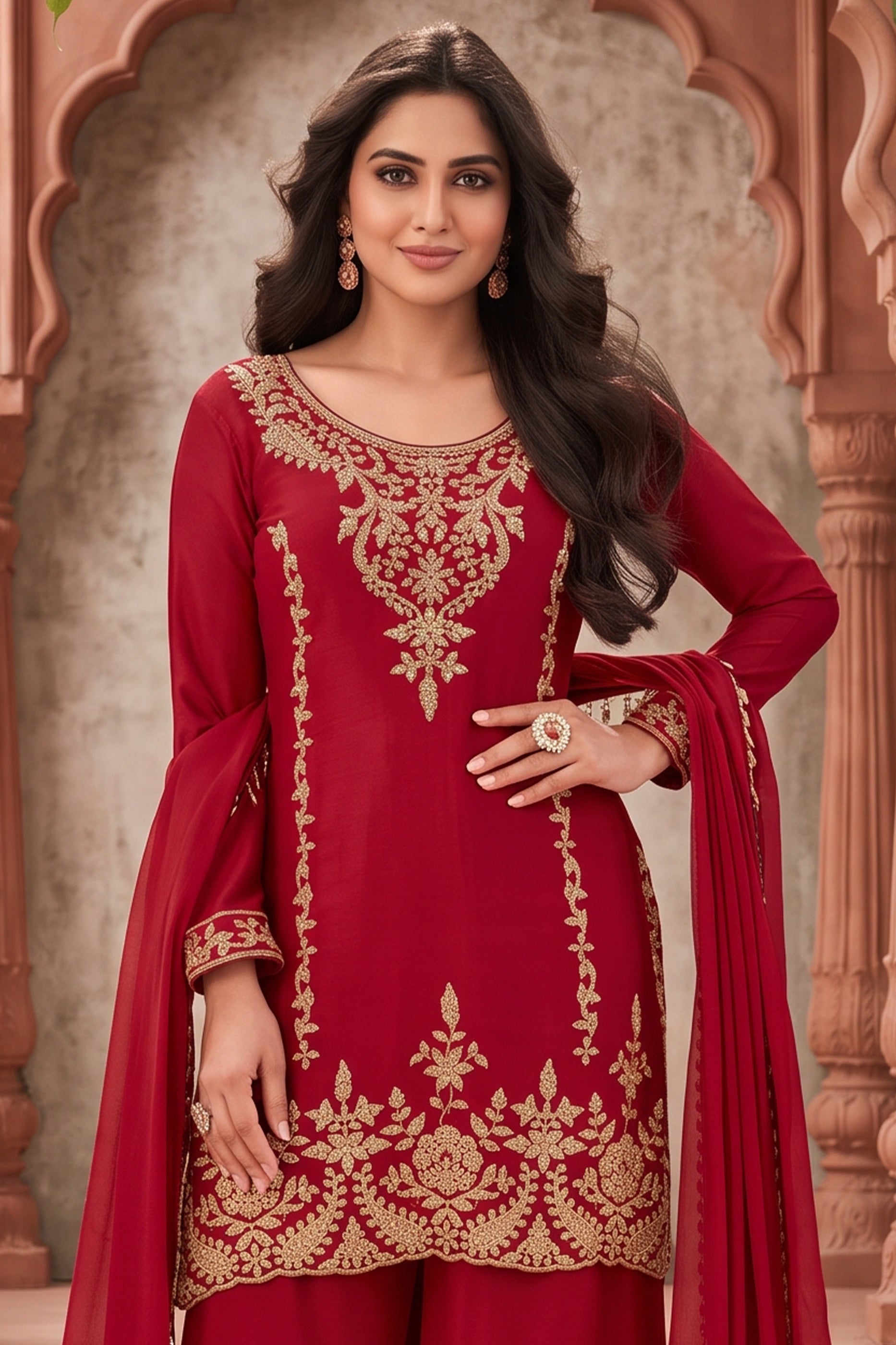 Red Readymade Bead Work Chinon Palazzo Suit-SAR13096_6_SareeButa.com