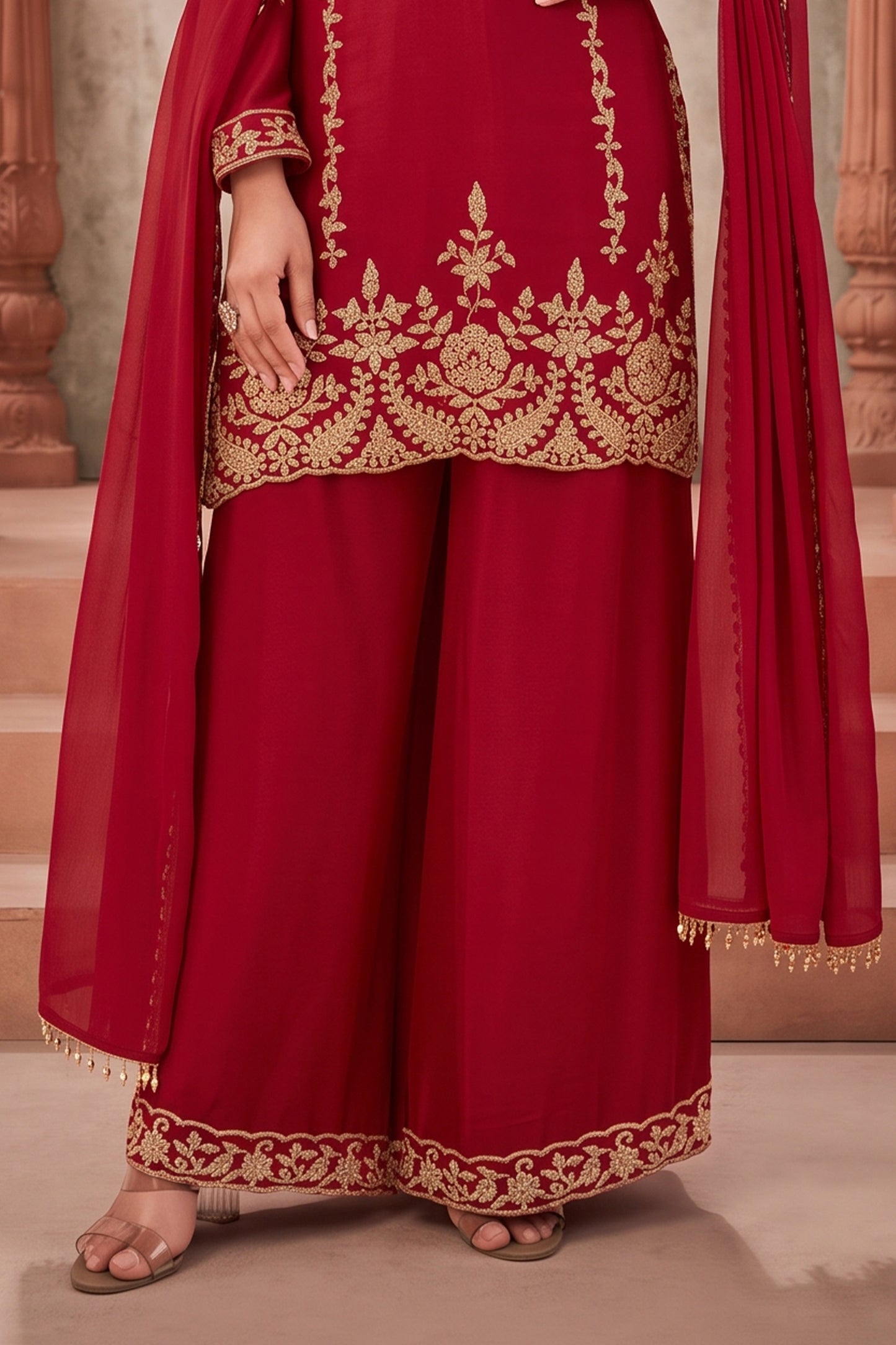 Red Readymade Bead Work Chinon Palazzo Suit-SAR13096_7_SareeButa.com