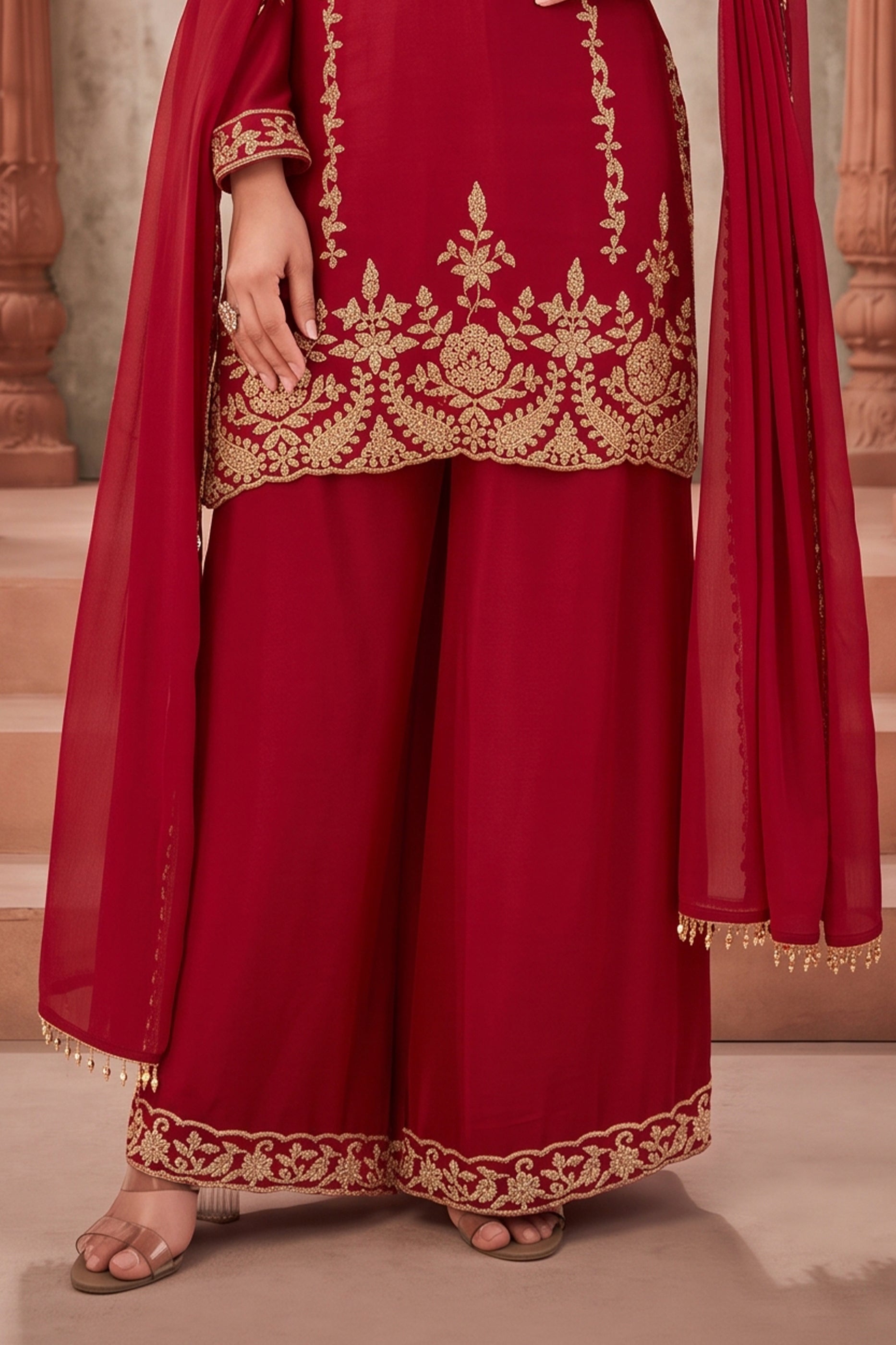 Red Readymade Bead Work Chinon Palazzo Suit-SAR13096_7_SareeButa.com