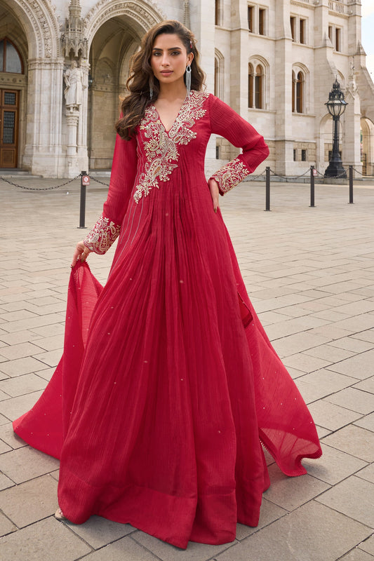 Red Readymade Crush Silk Gown With Dupatta-SAR10957_1_SareeButa.com