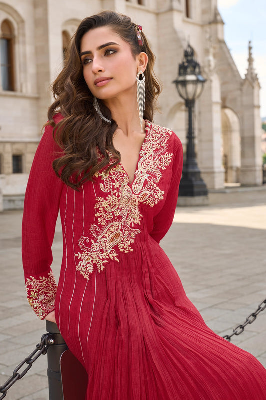 Red Readymade Crush Silk Gown With Dupatta-SAR10957_2_SareeButa.com