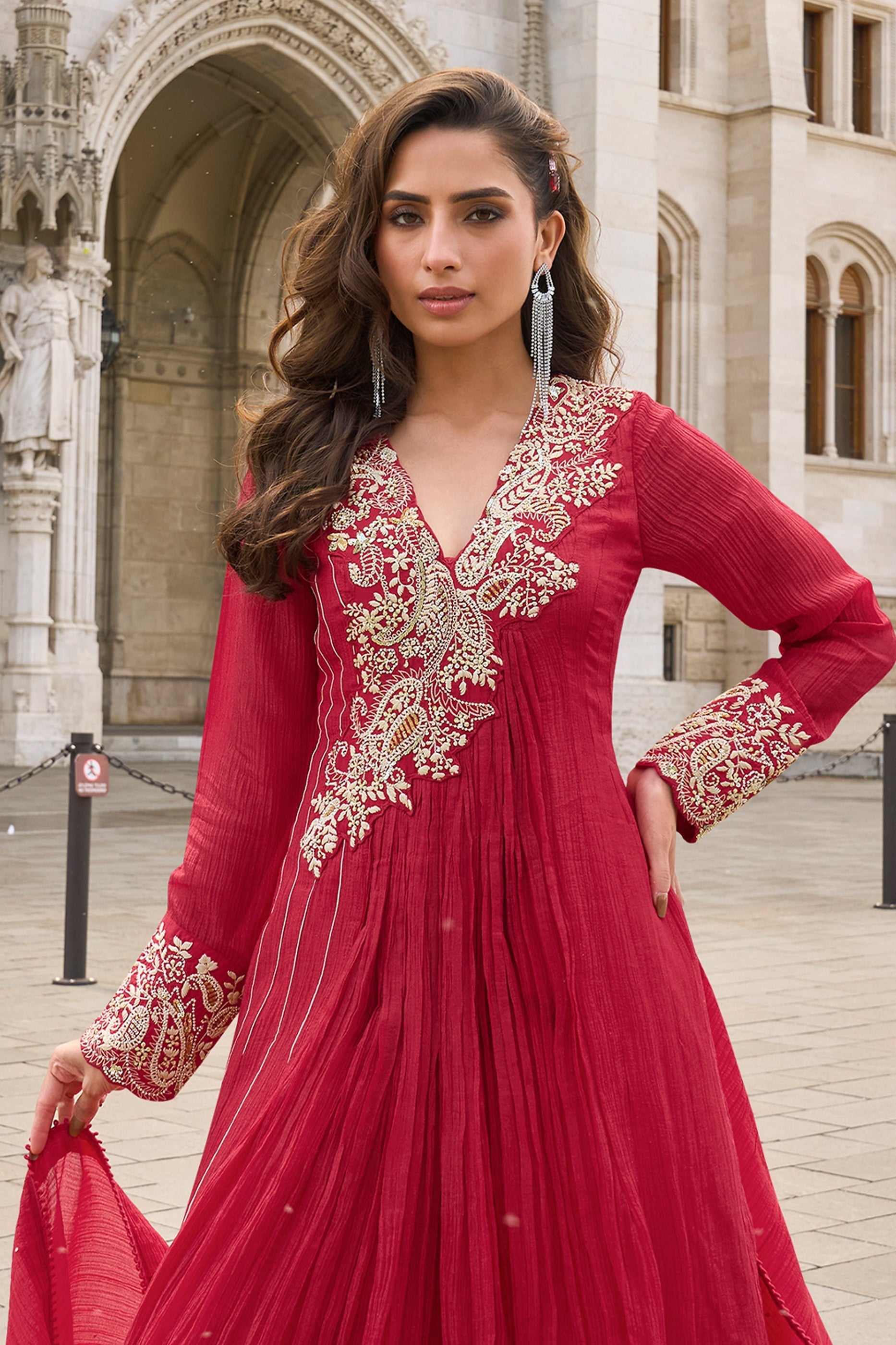 Red Readymade Crush Silk Gown With Dupatta-SAR10957_3_SareeButa.com