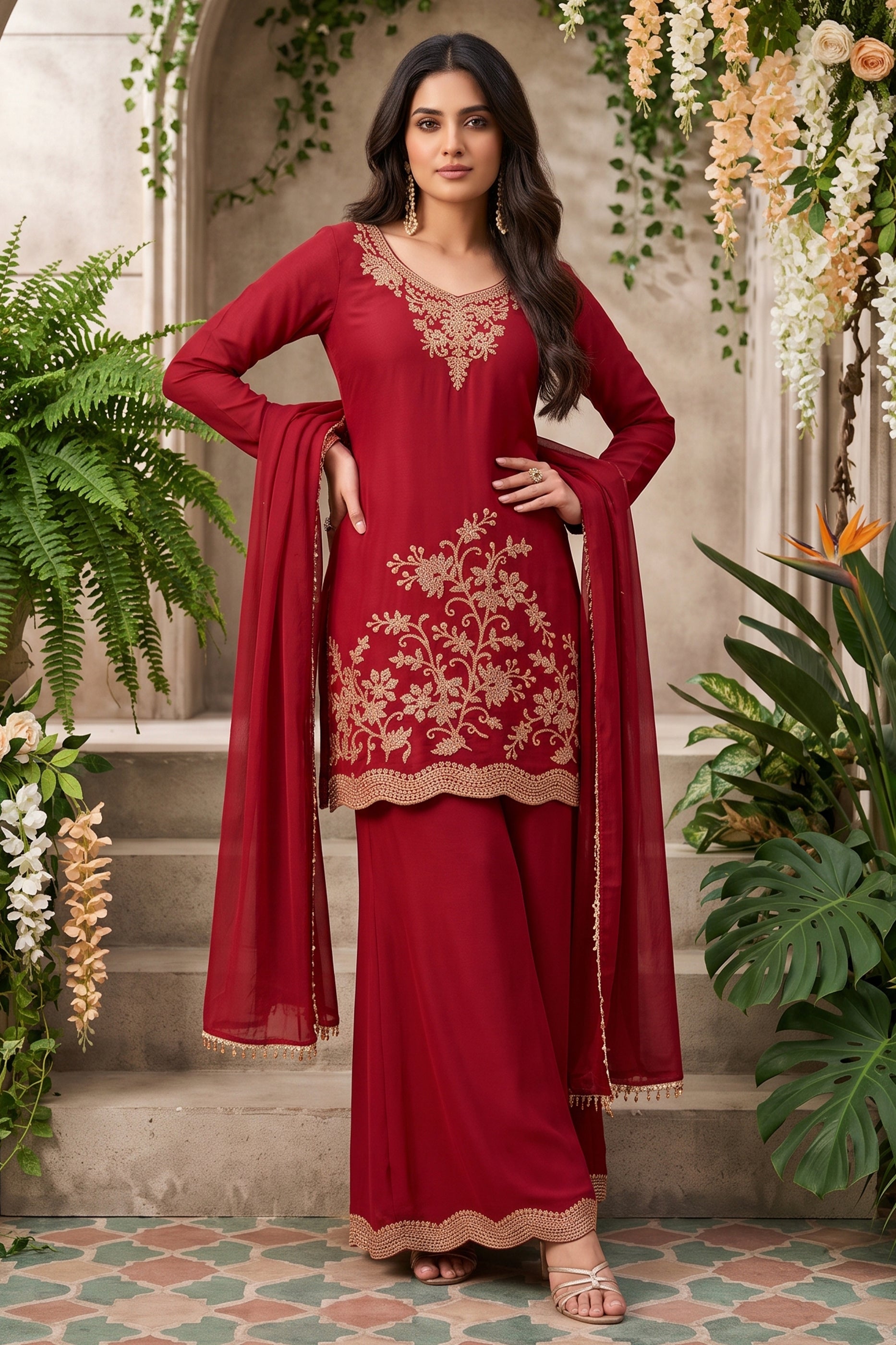 Red Readymade Embroidered Chinon Palazzo Suit-SAR13142_1_SareeButa.com