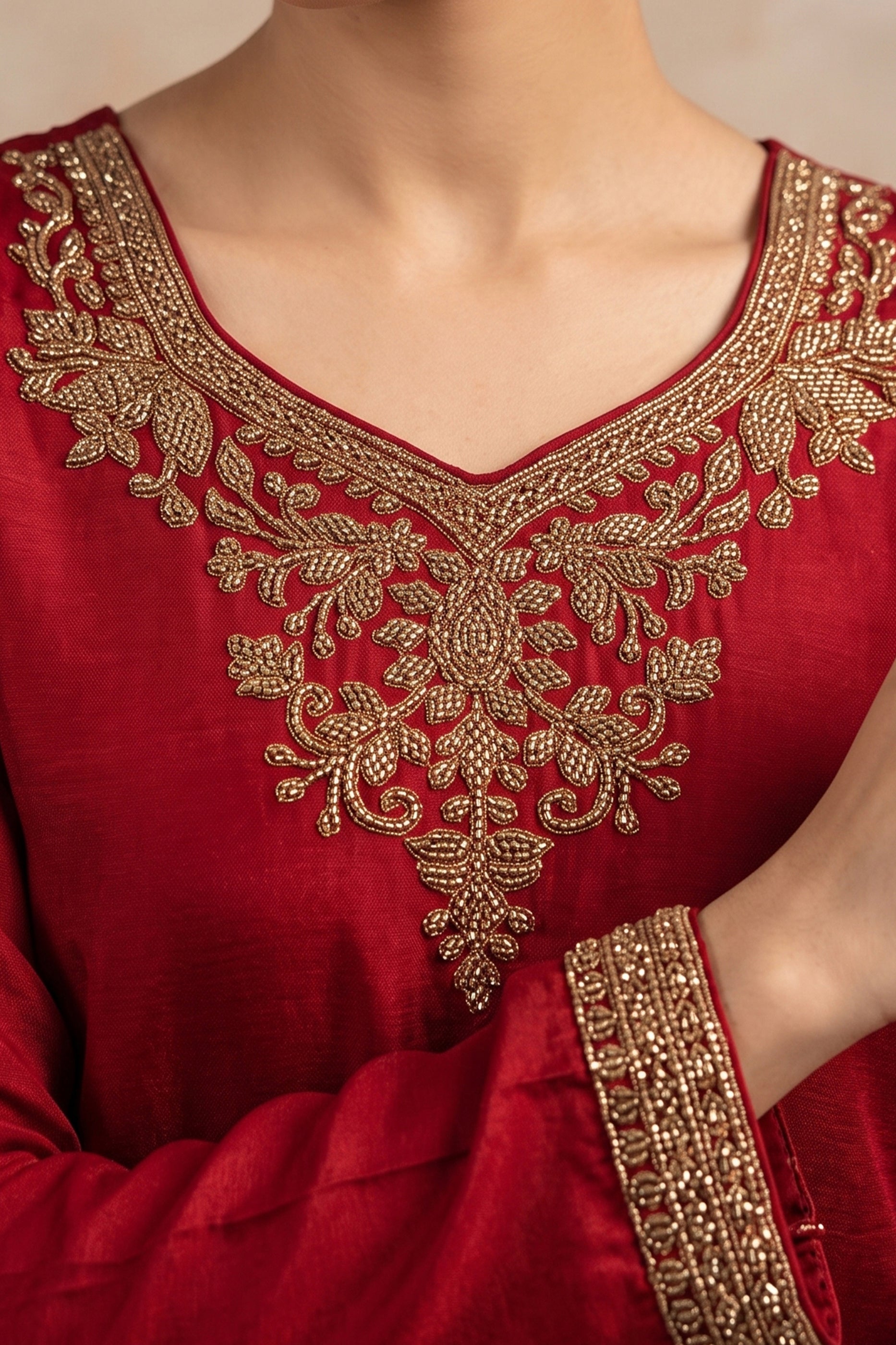 Red Readymade Embroidered Chinon Palazzo Suit-SAR13142_2_SareeButa.com