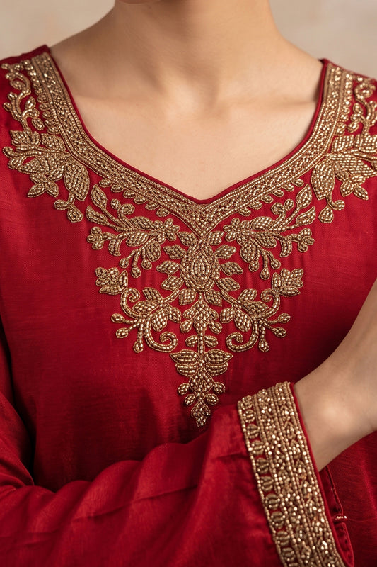 Red Readymade Embroidered Chinon Palazzo Suit-SAR13142_2_SareeButa.com