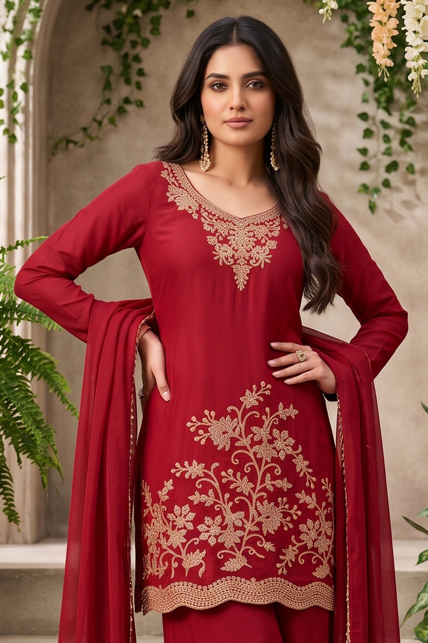 Red Readymade Embroidered Chinon Palazzo Suit-SAR13142_4_SareeButa.com