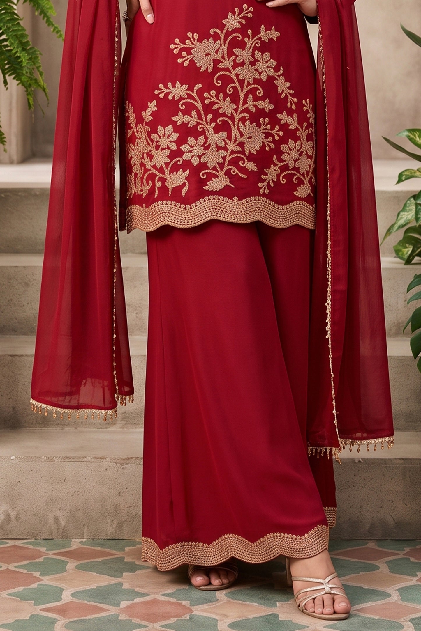 Red Readymade Embroidered Chinon Palazzo Suit-SAR13142_5_SareeButa.com