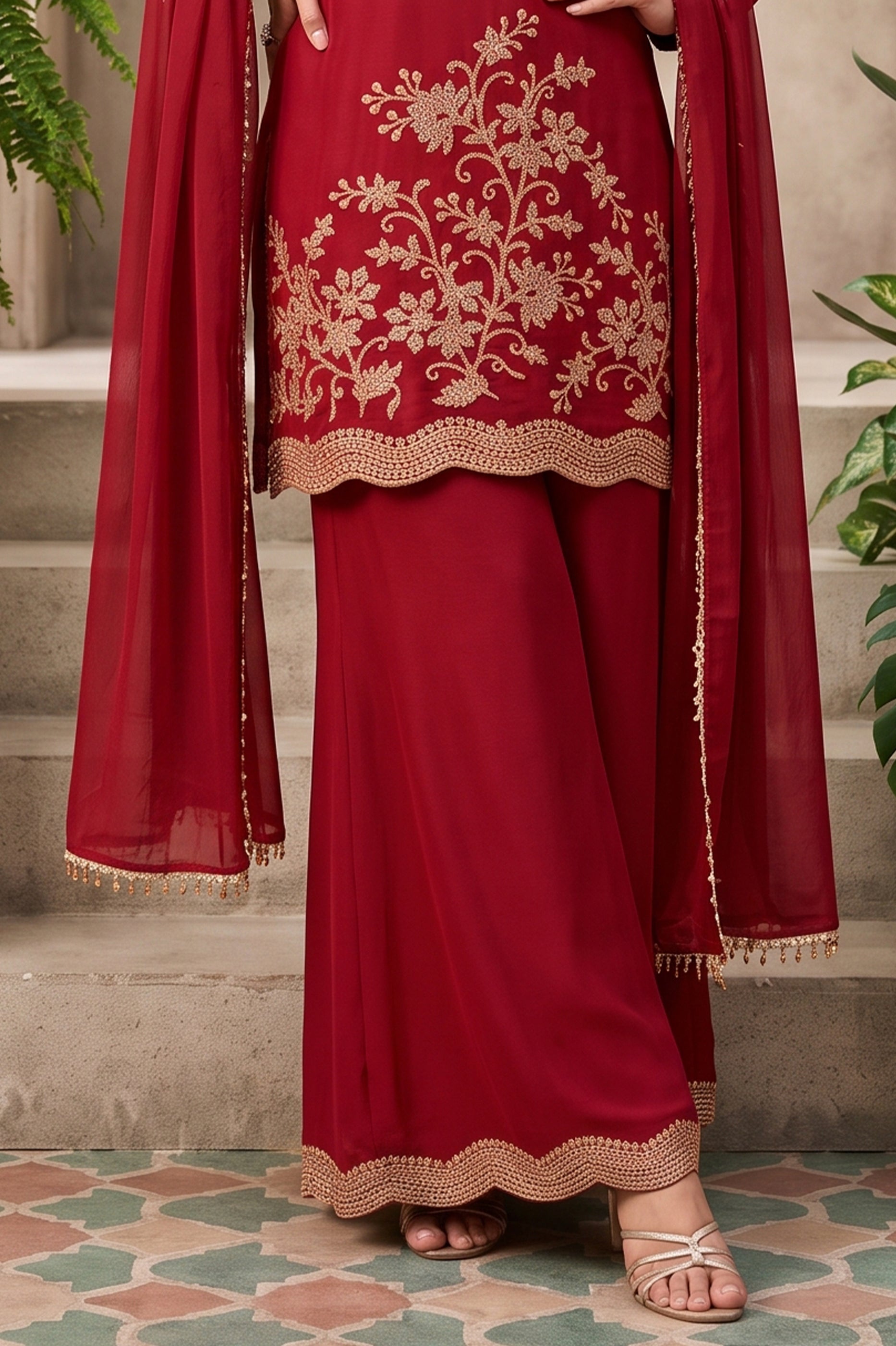 Red Readymade Embroidered Chinon Palazzo Suit-SAR13142_5_SareeButa.com