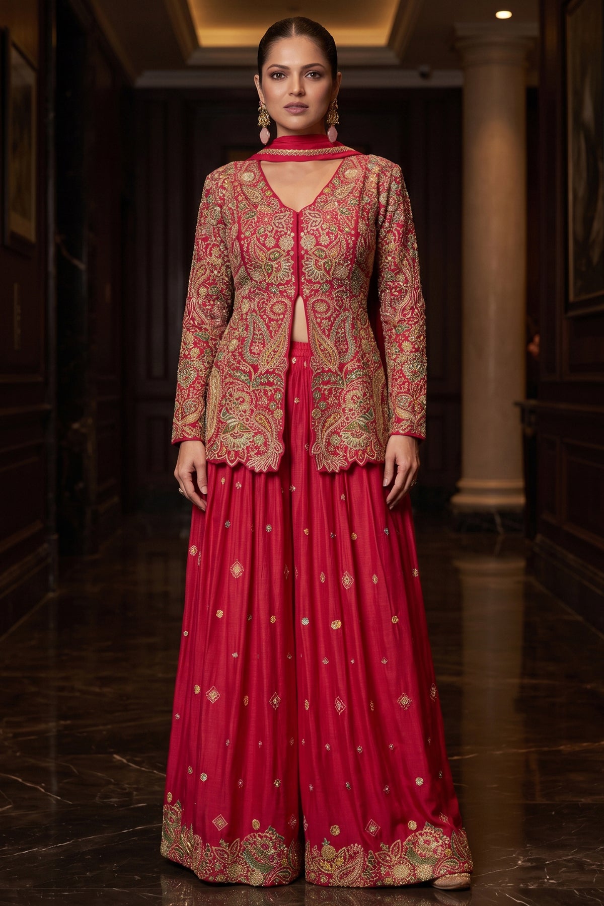 Red Readymade Embroidered Chinon Palazzo Suit-SAR13347_1_SareeButa.com