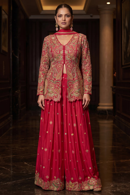 Red Readymade Embroidered Chinon Palazzo Suit-SAR13347_1_SareeButa.com