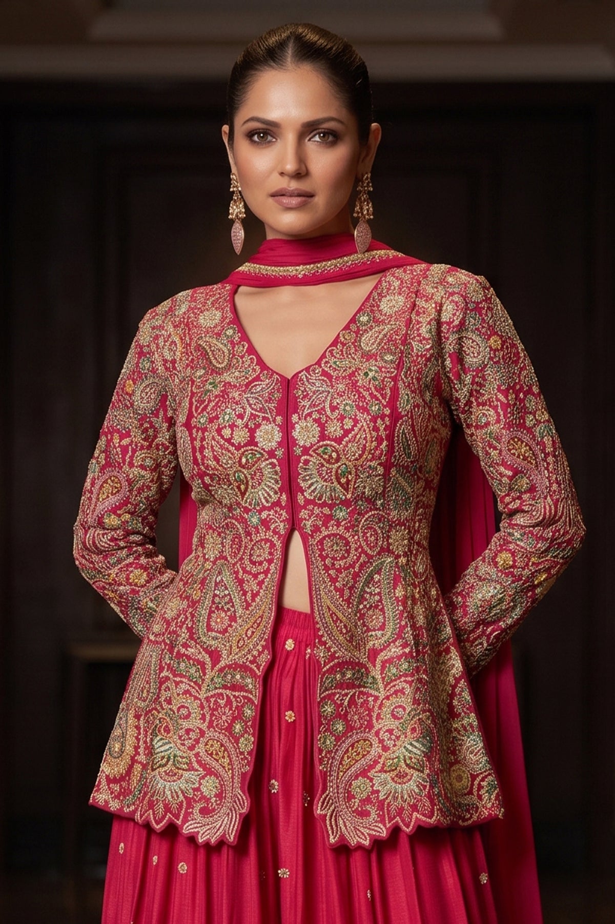 Red Readymade Embroidered Chinon Palazzo Suit-SAR13347_2_SareeButa.com