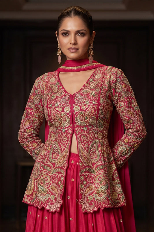 Red Readymade Embroidered Chinon Palazzo Suit-SAR13347_2_SareeButa.com