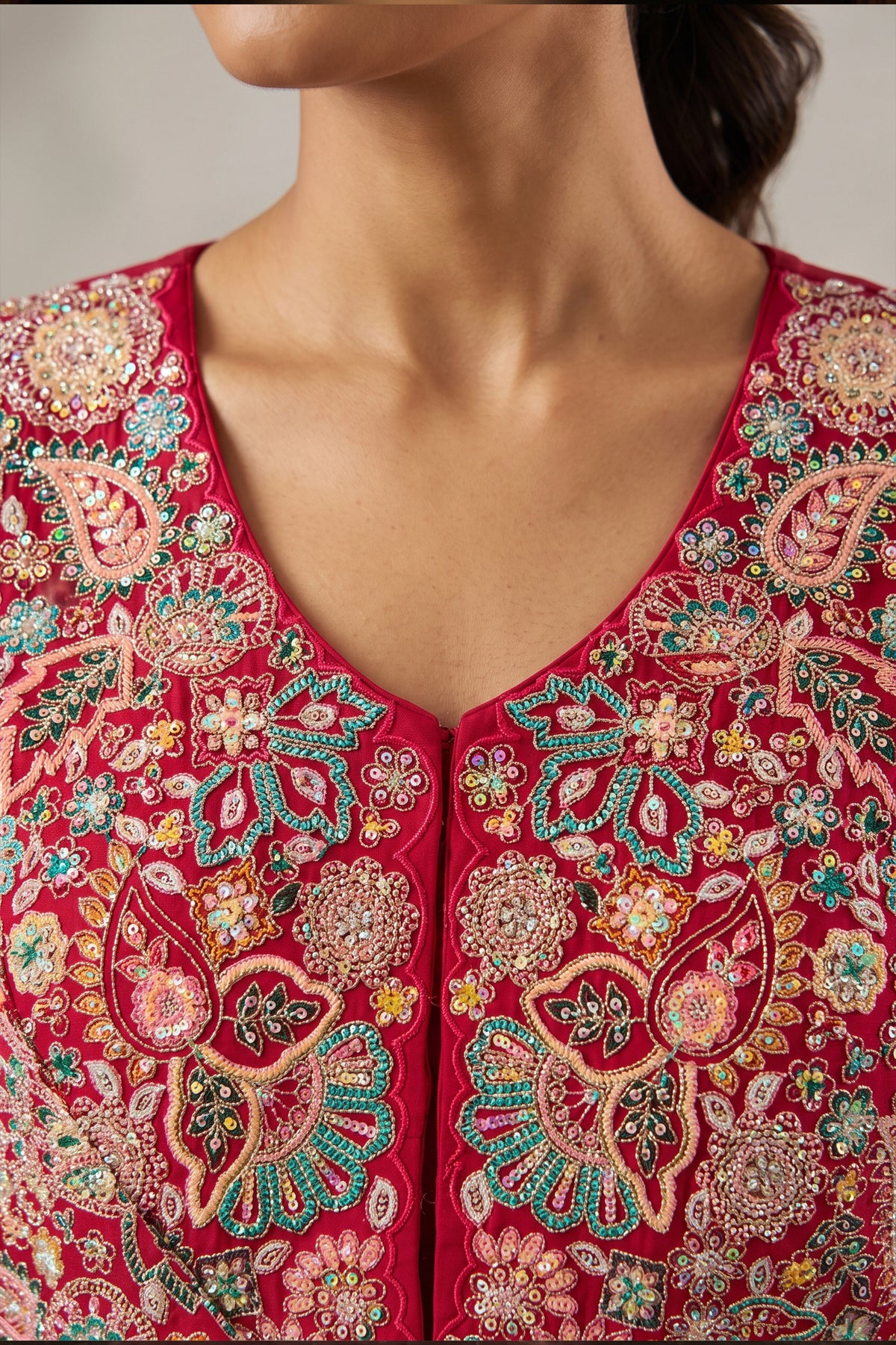 Red Readymade Embroidered Chinon Palazzo Suit-SAR13347_3_SareeButa.com