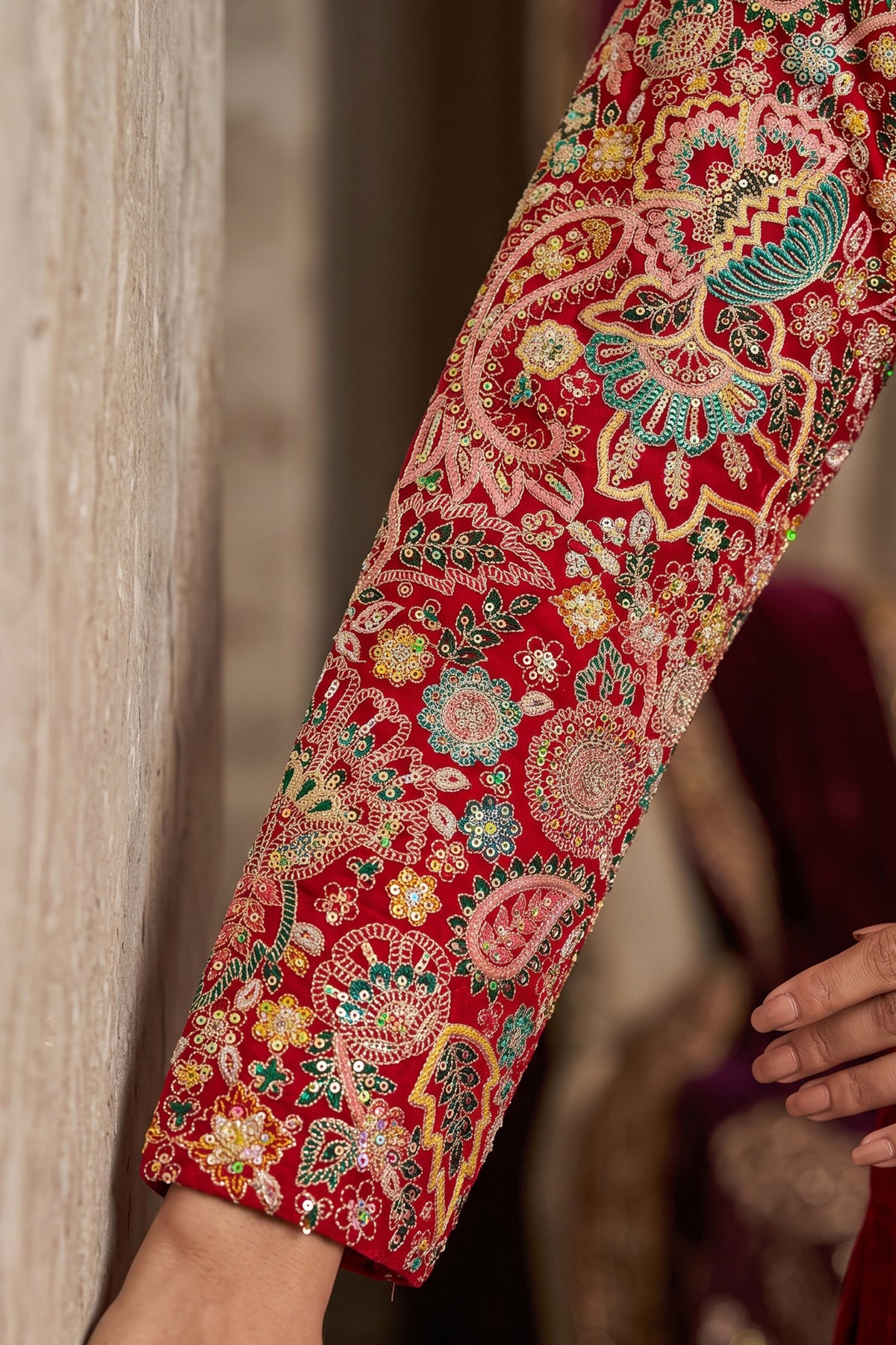 Red Readymade Embroidered Chinon Palazzo Suit-SAR13347_4_SareeButa.com