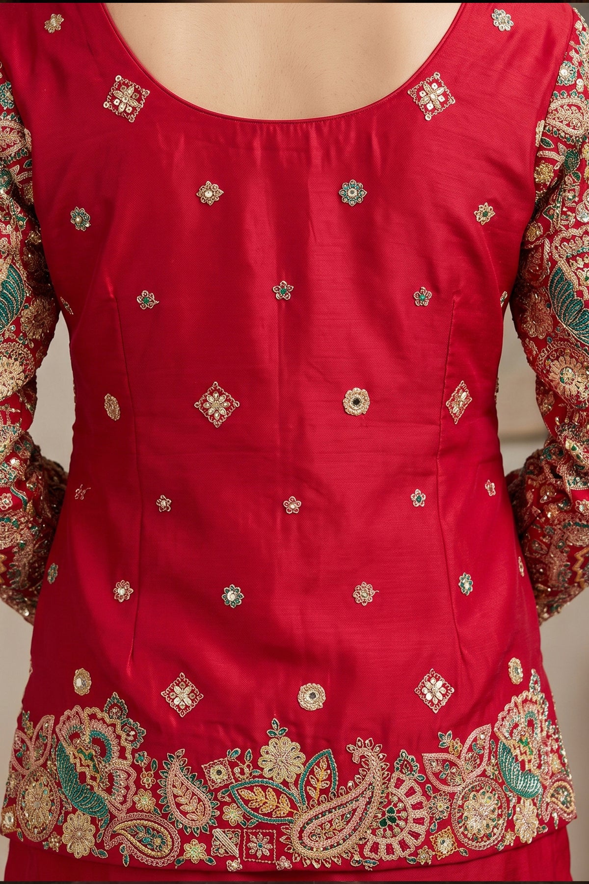 Red Readymade Embroidered Chinon Palazzo Suit-SAR13347_5_SareeButa.com
