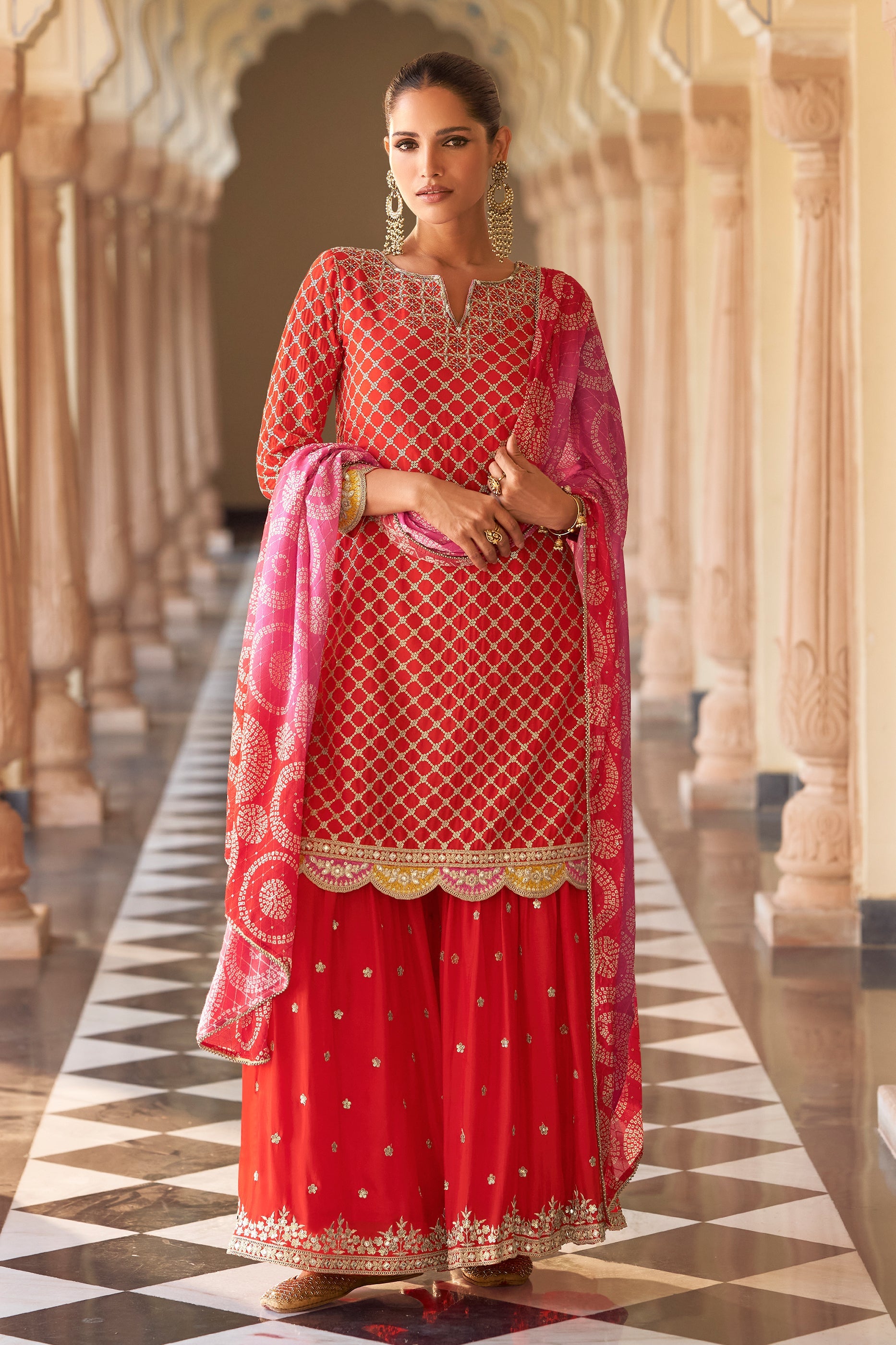 Red Readymade Embroidered Chinon Sharara Suit-SAR11620_1_SareeButa.com