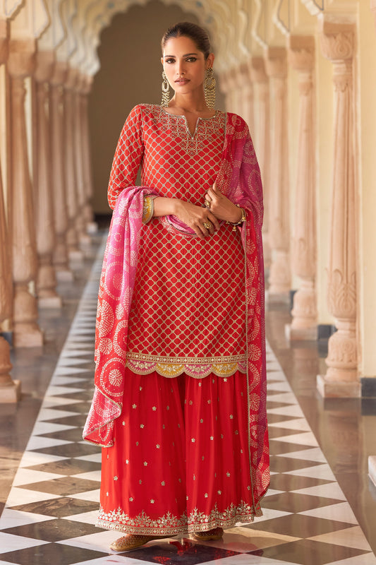 Red Readymade Embroidered Chinon Sharara Suit-SAR11620_1_SareeButa.com