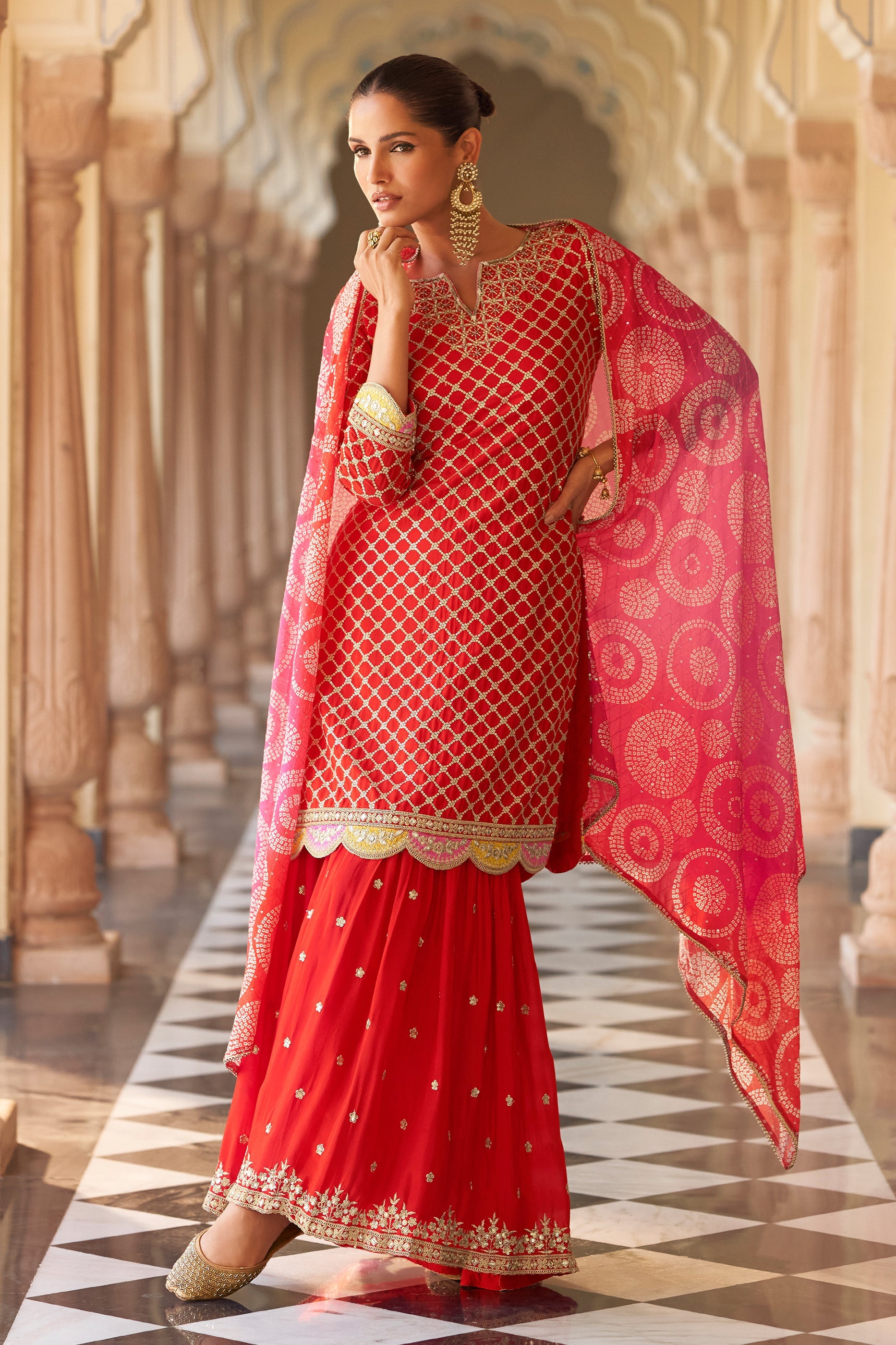 Red Readymade Embroidered Chinon Sharara Suit-SAR11620_4_SareeButa.com