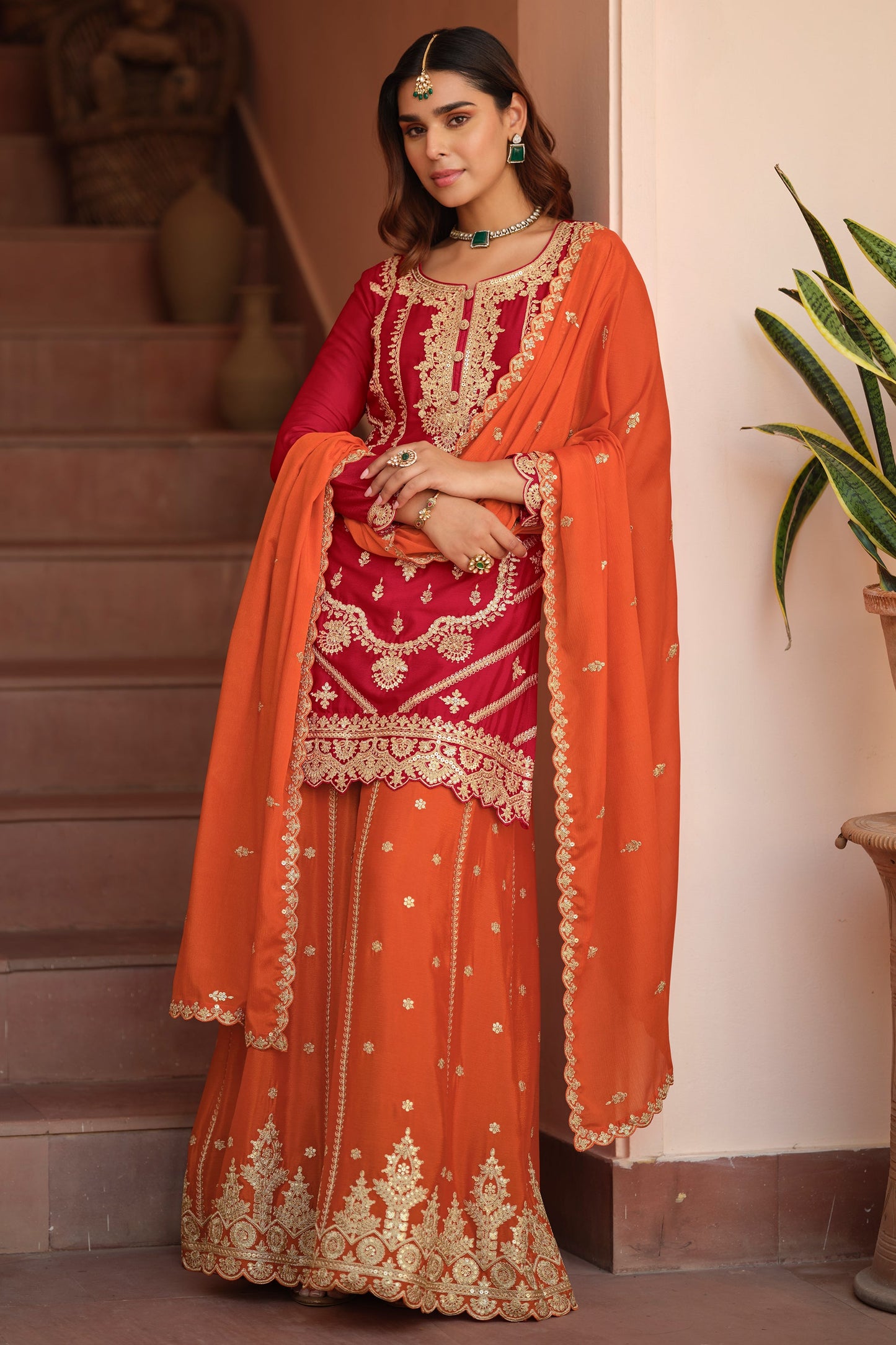 Red Readymade Embroidered Chinon Silk Palazzo Suit-SAR11488_1_SareeButa.com