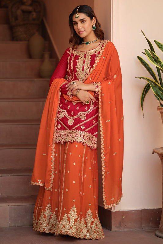Red Readymade Embroidered Chinon Silk Palazzo Suit-SAR11488_1_SareeButa.com