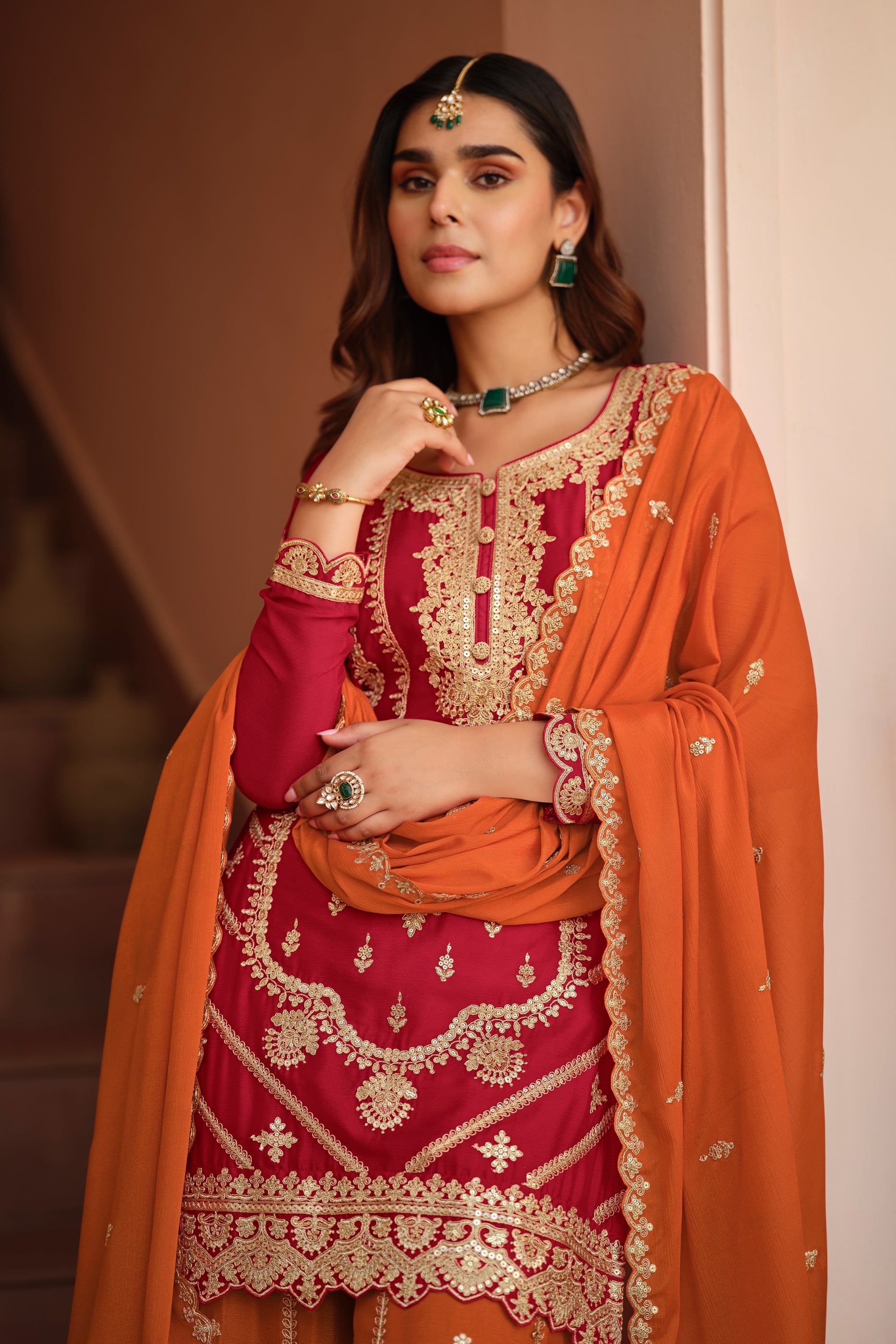 Red Readymade Embroidered Chinon Silk Palazzo Suit-SAR11488_3_SareeButa.com