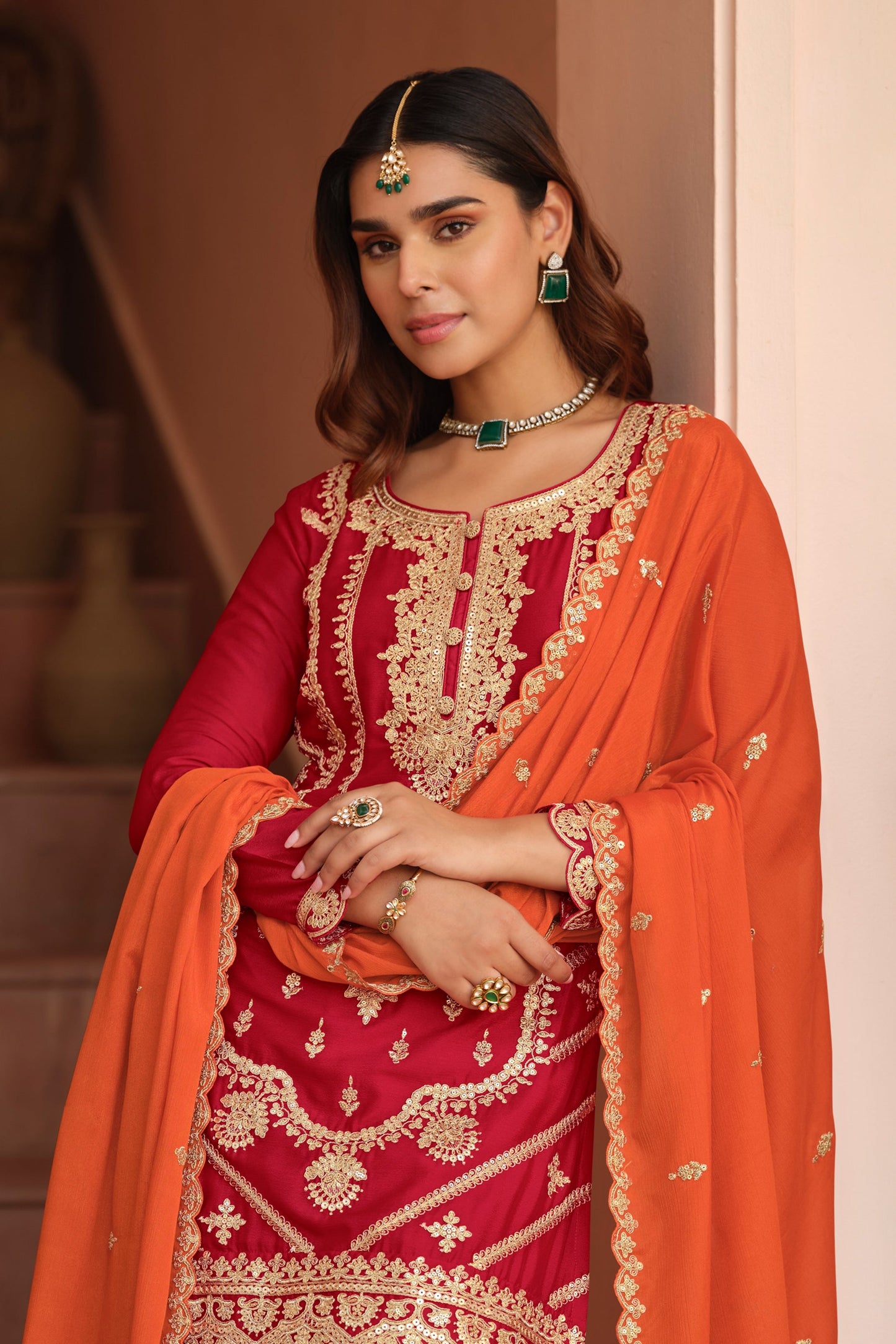 Red Readymade Embroidered Chinon Silk Palazzo Suit-SAR11488_4_SareeButa.com