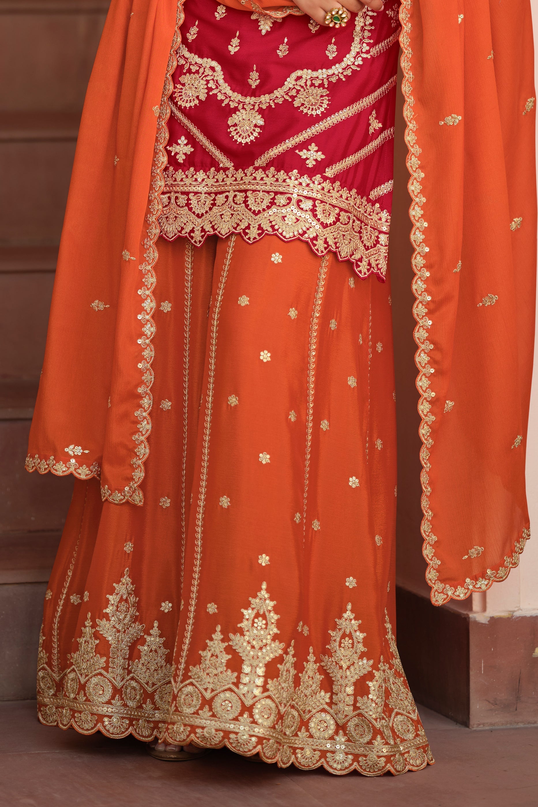 Red Readymade Embroidered Chinon Silk Palazzo Suit-SAR11488_5_SareeButa.com