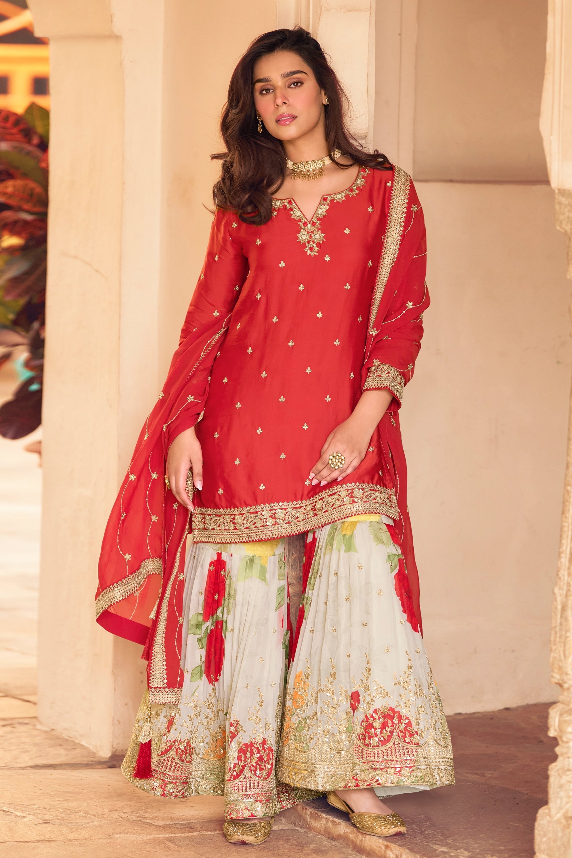 Red Readymade Embroidered Chinon Silk Sharara Suit-SAR10506_1_SareeButa.com