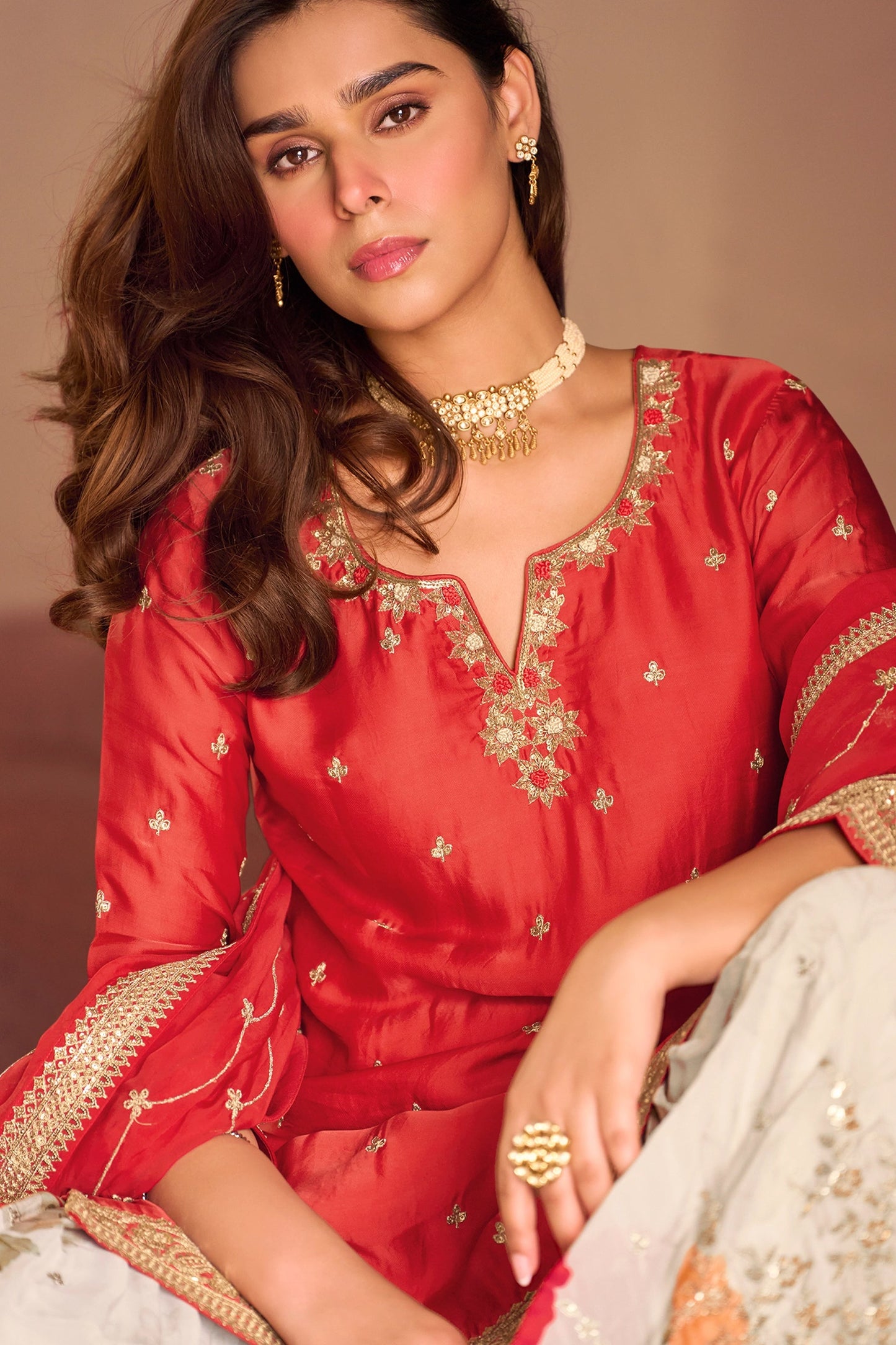 Red Readymade Embroidered Chinon Silk Sharara Suit-SAR10506_2_SareeButa.com