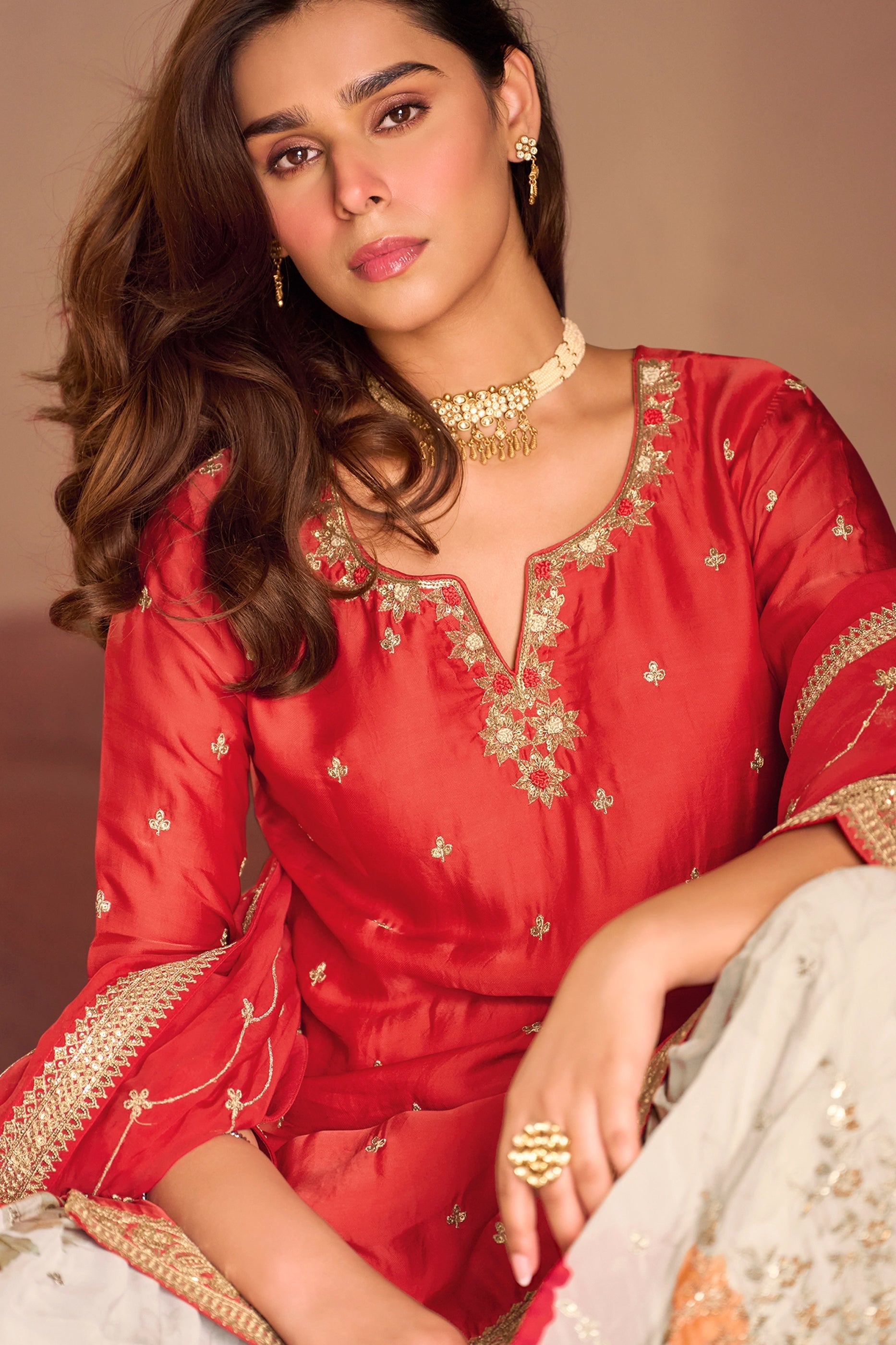 Red Readymade Embroidered Chinon Silk Sharara Suit-SAR10506_2_SareeButa.com