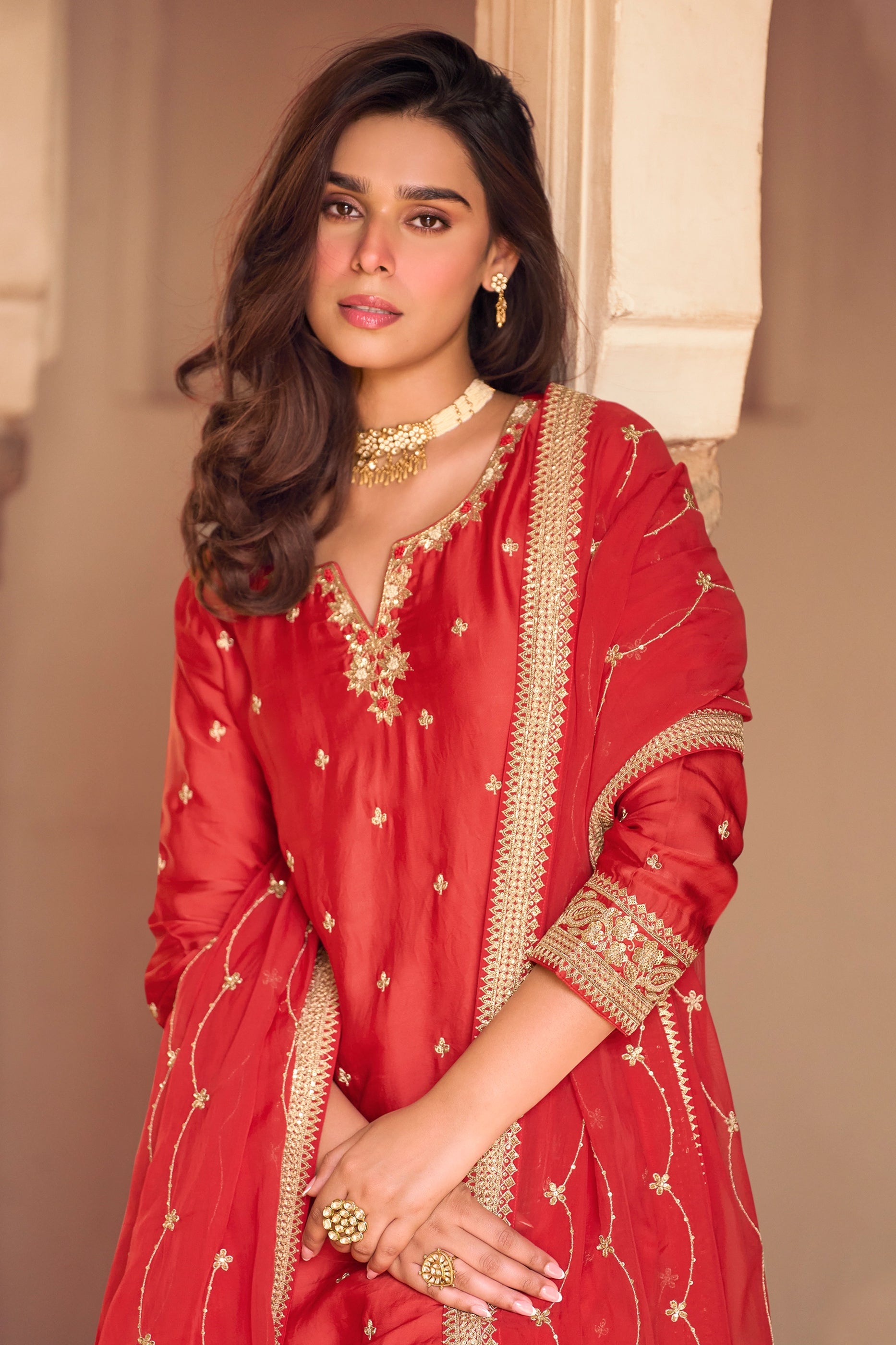 Red Readymade Embroidered Chinon Silk Sharara Suit-SAR10506_3_SareeButa.com