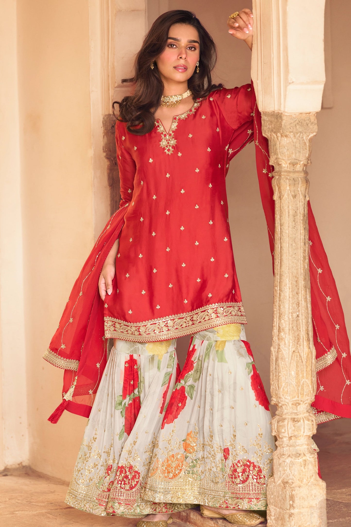 Red Readymade Embroidered Chinon Silk Sharara Suit-SAR10506_5_SareeButa.com